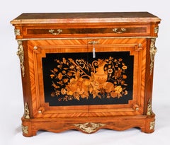 Antique French Floral Marquetry Marble Topped Side Cabinet Early 20th Century