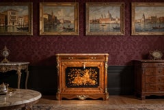 Antique French Floral Marquetry Marble Topped Side Cabinet Early 20th Century
