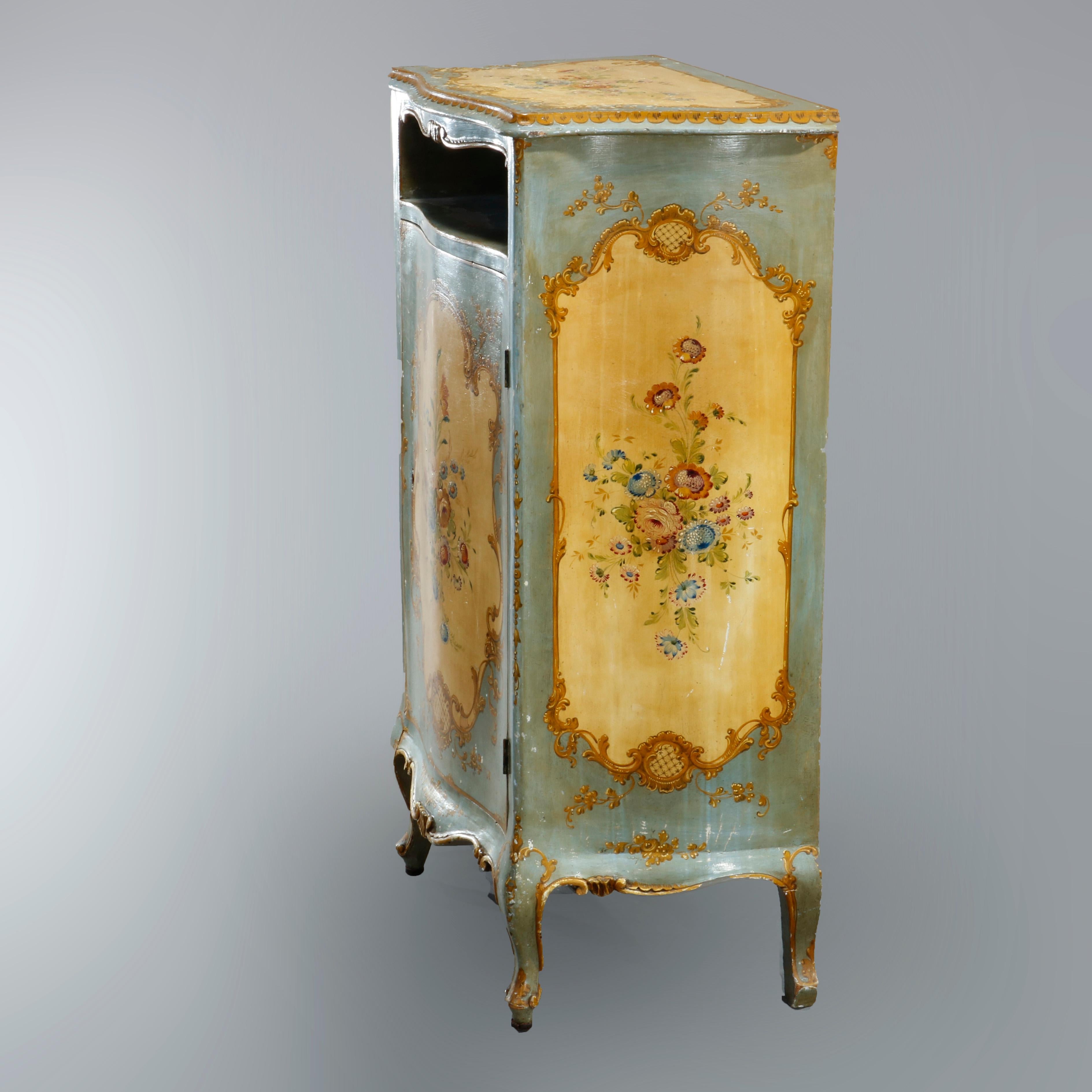 Antique French Floral Paint Decorated Bombe Music Cabinet, Circa 1890 7