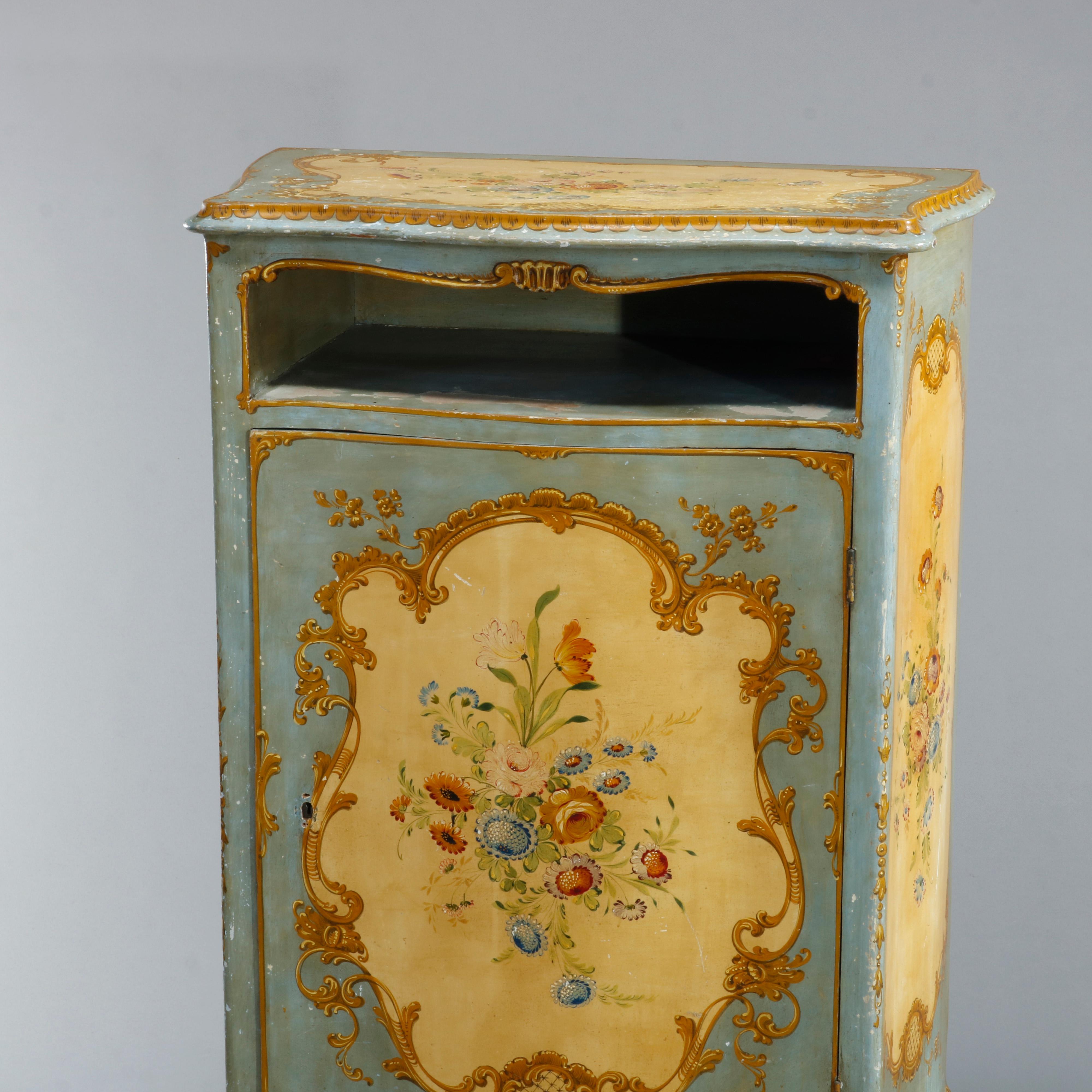 Rococo Antique French Floral Paint Decorated Bombe Music Cabinet, Circa 1890