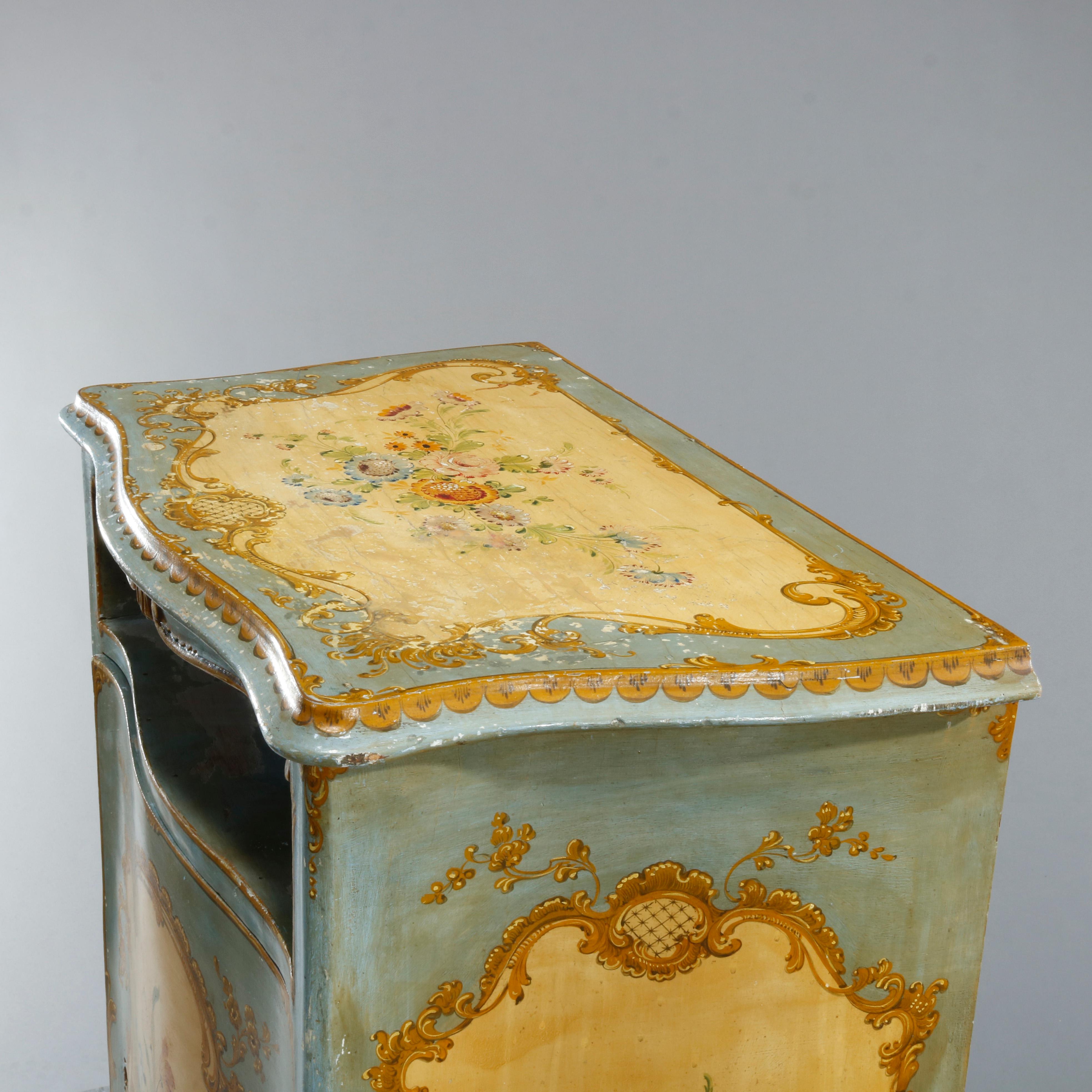 Painted Antique French Floral Paint Decorated Bombe Music Cabinet, Circa 1890