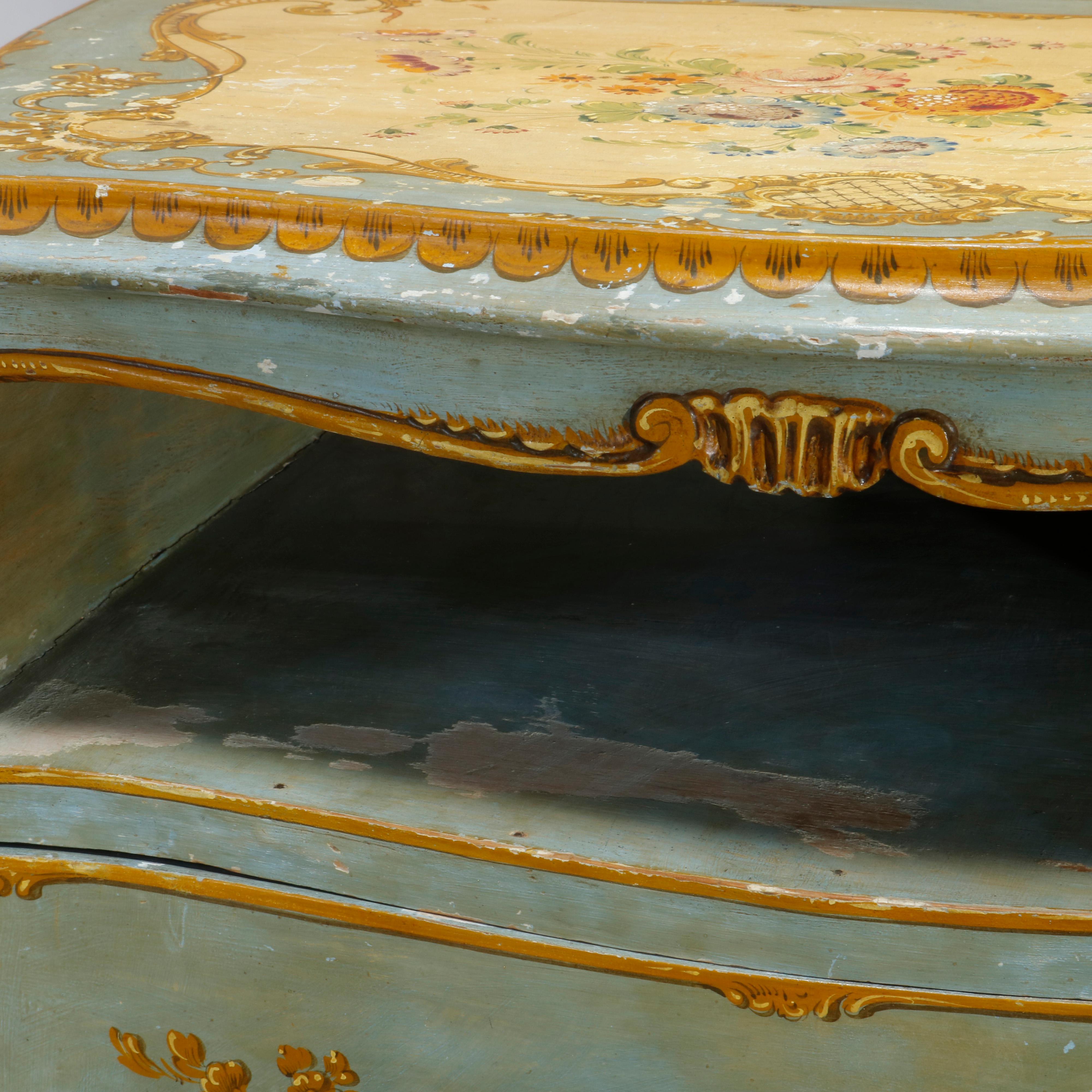 19th Century Antique French Floral Paint Decorated Bombe Music Cabinet, Circa 1890