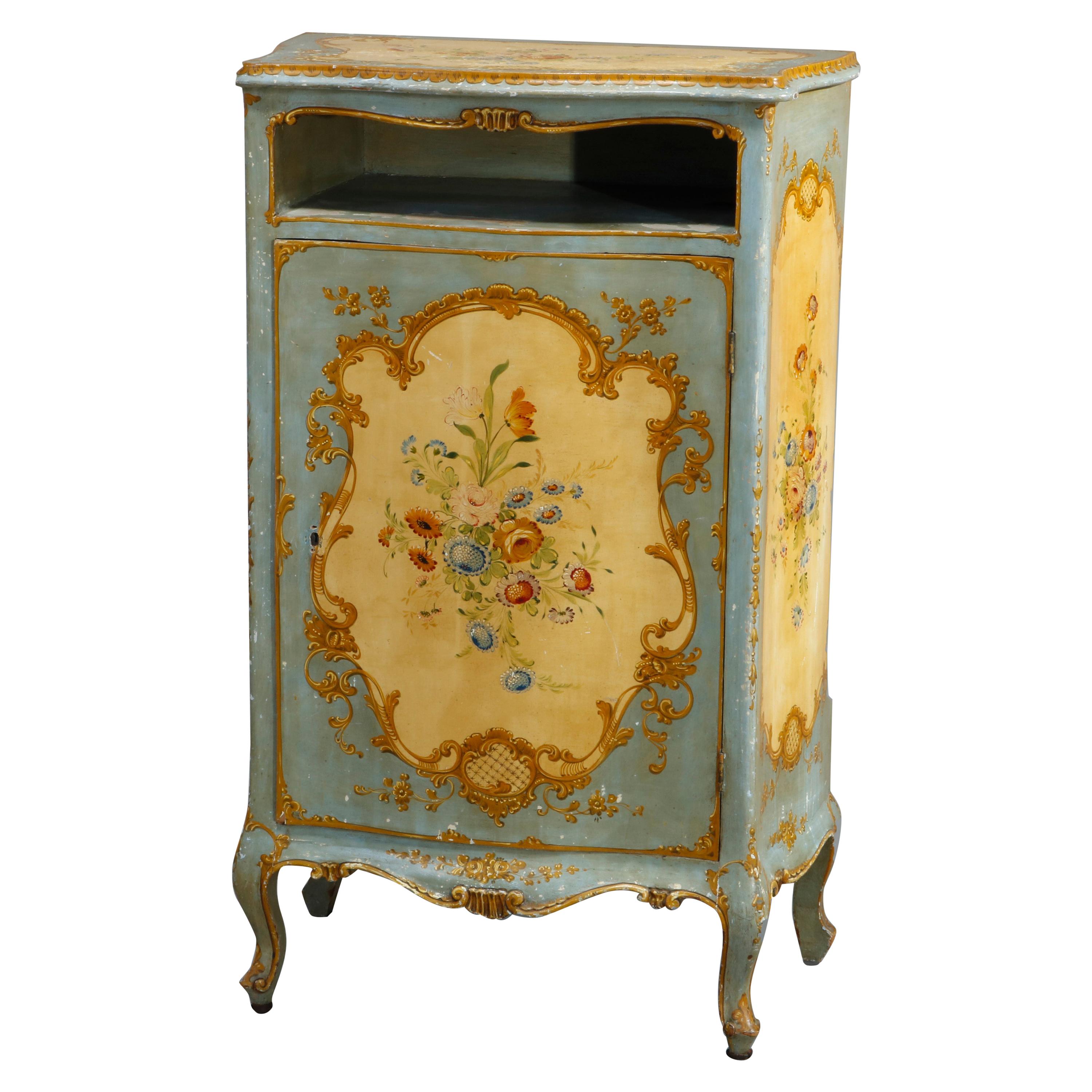 Antique French Floral Paint Decorated Bombe Music Cabinet, Circa 1890