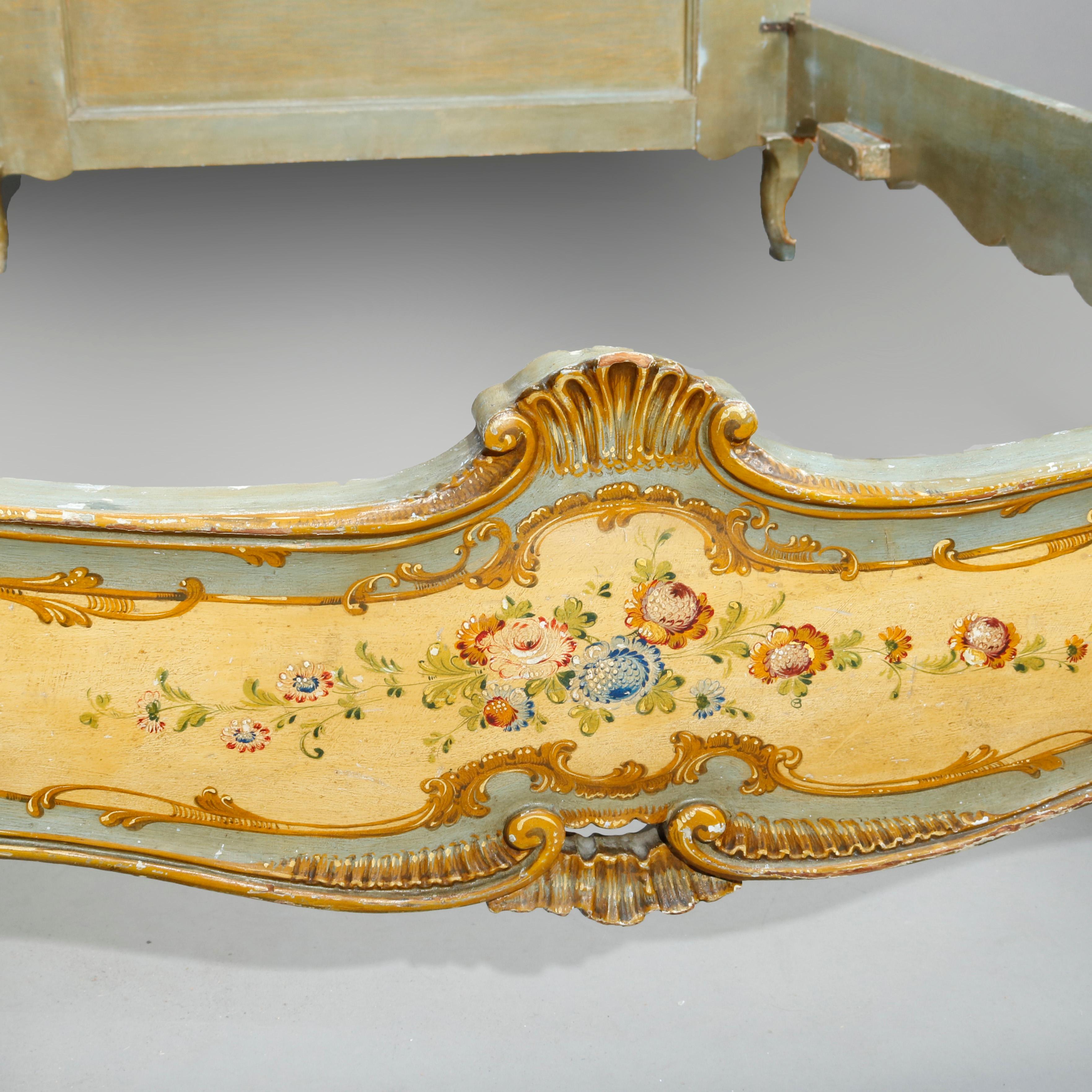 19th Century Antique French Floral Paint & Gilt Decorated Bed, Circa 1890