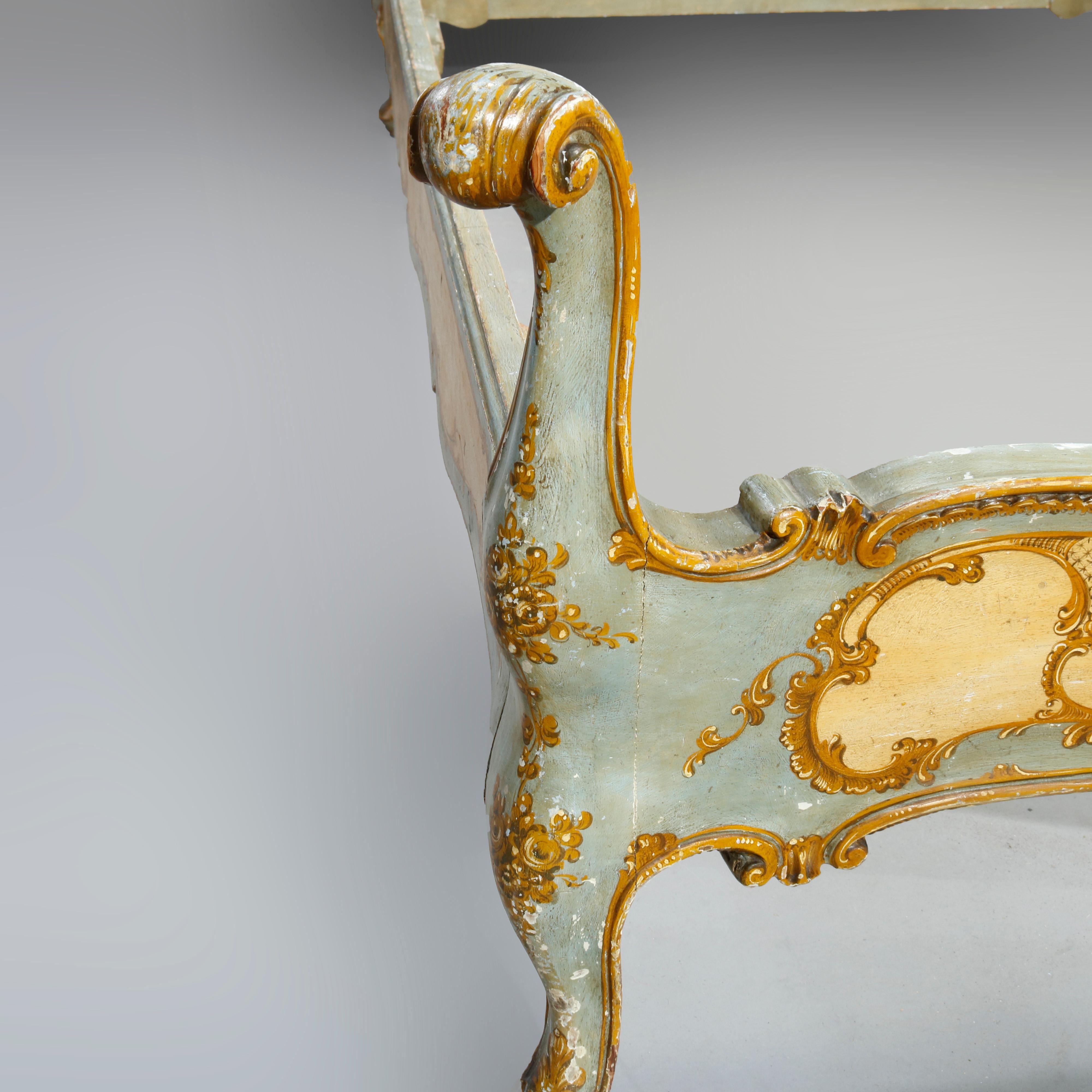 Wood Antique French Floral Paint & Gilt Decorated Bed, Circa 1890