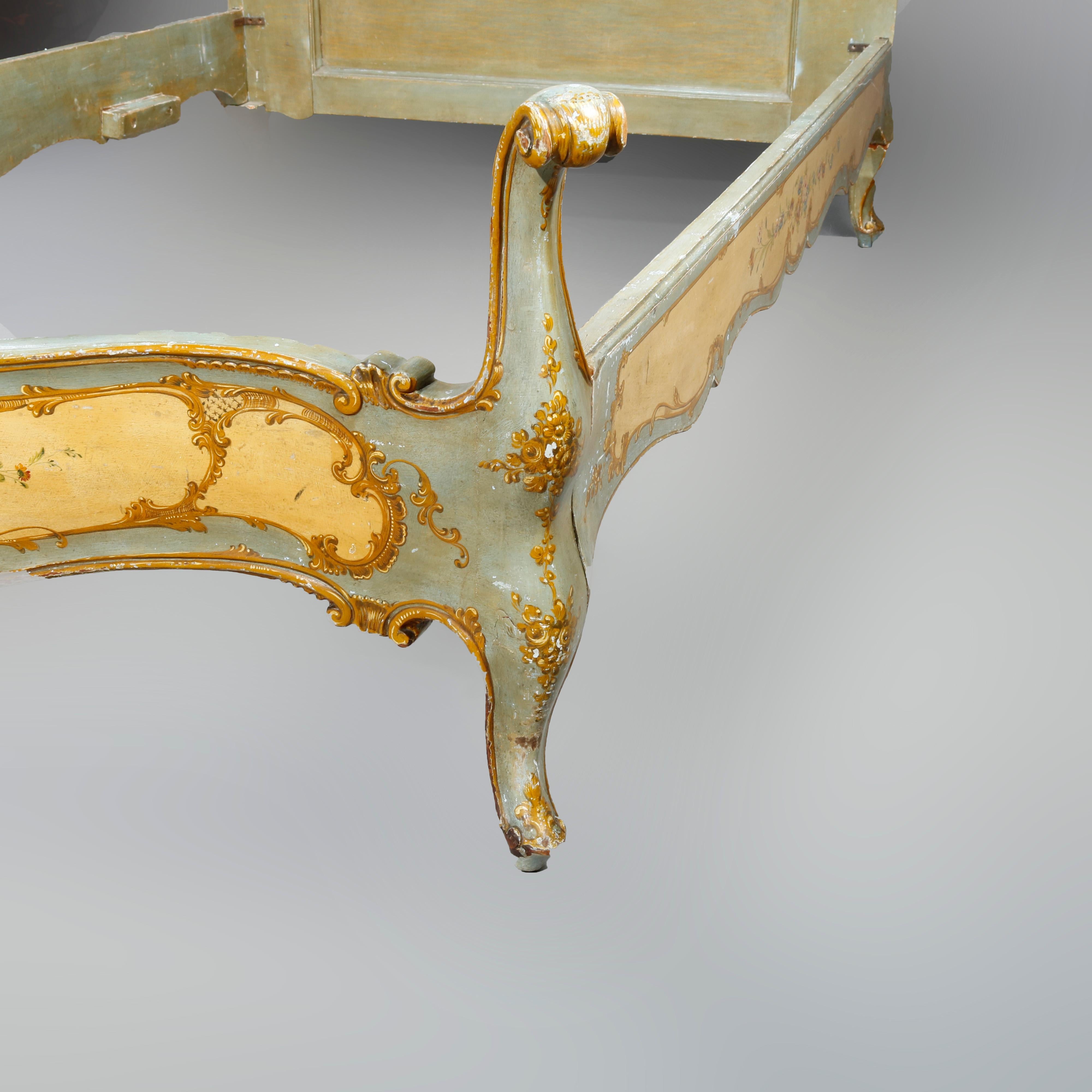 Antique French Floral Paint & Gilt Decorated Bed, Circa 1890 1