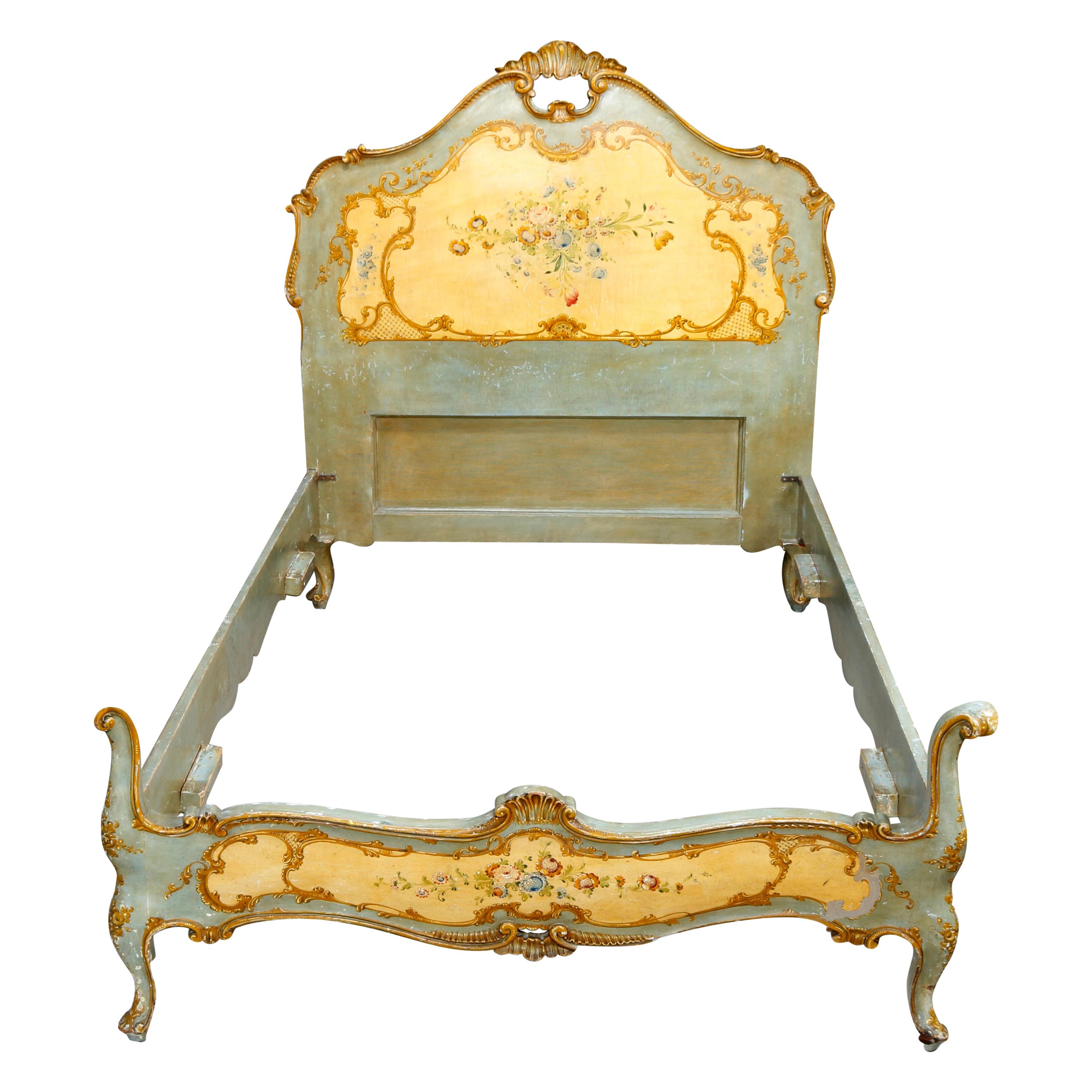 Antique French Floral Paint & Gilt Decorated Bed, Circa 1890