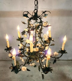Antique French Floral Porcelaine de Saxe Tole Chandelier