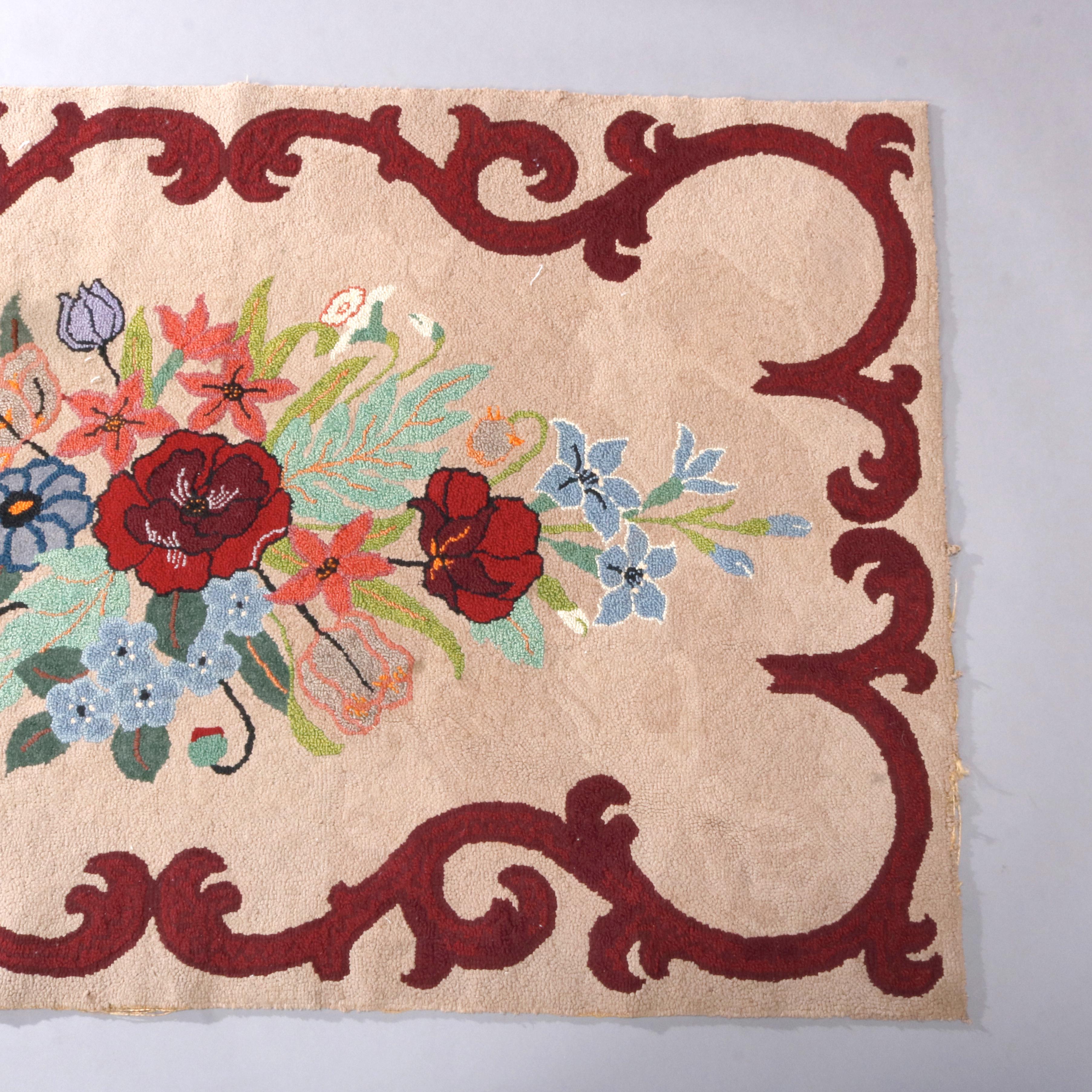 Aubusson Antique French Floral and Scroll Hooked Rug, circa 1930 For Sale