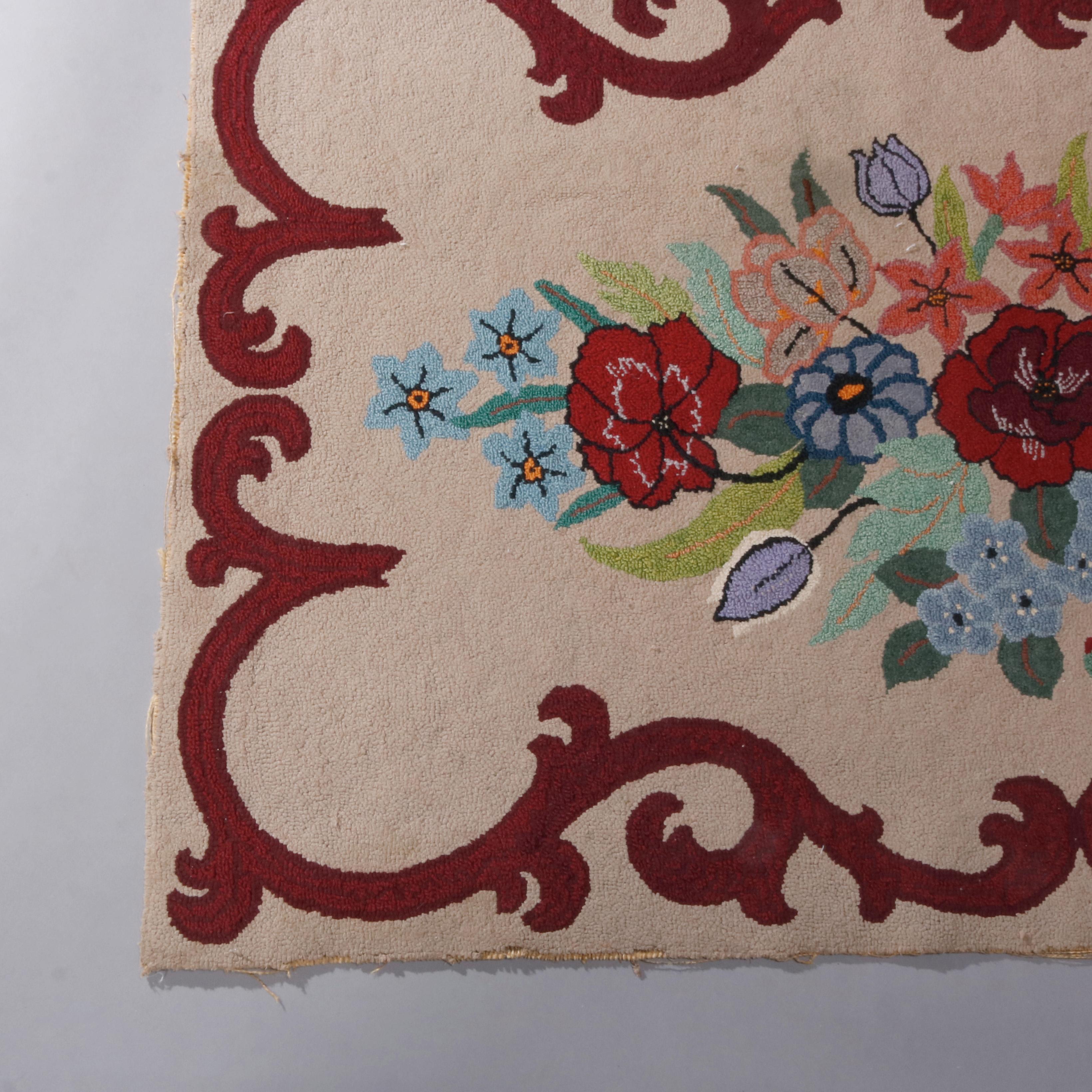 Woven Antique French Floral and Scroll Hooked Rug, circa 1930 For Sale