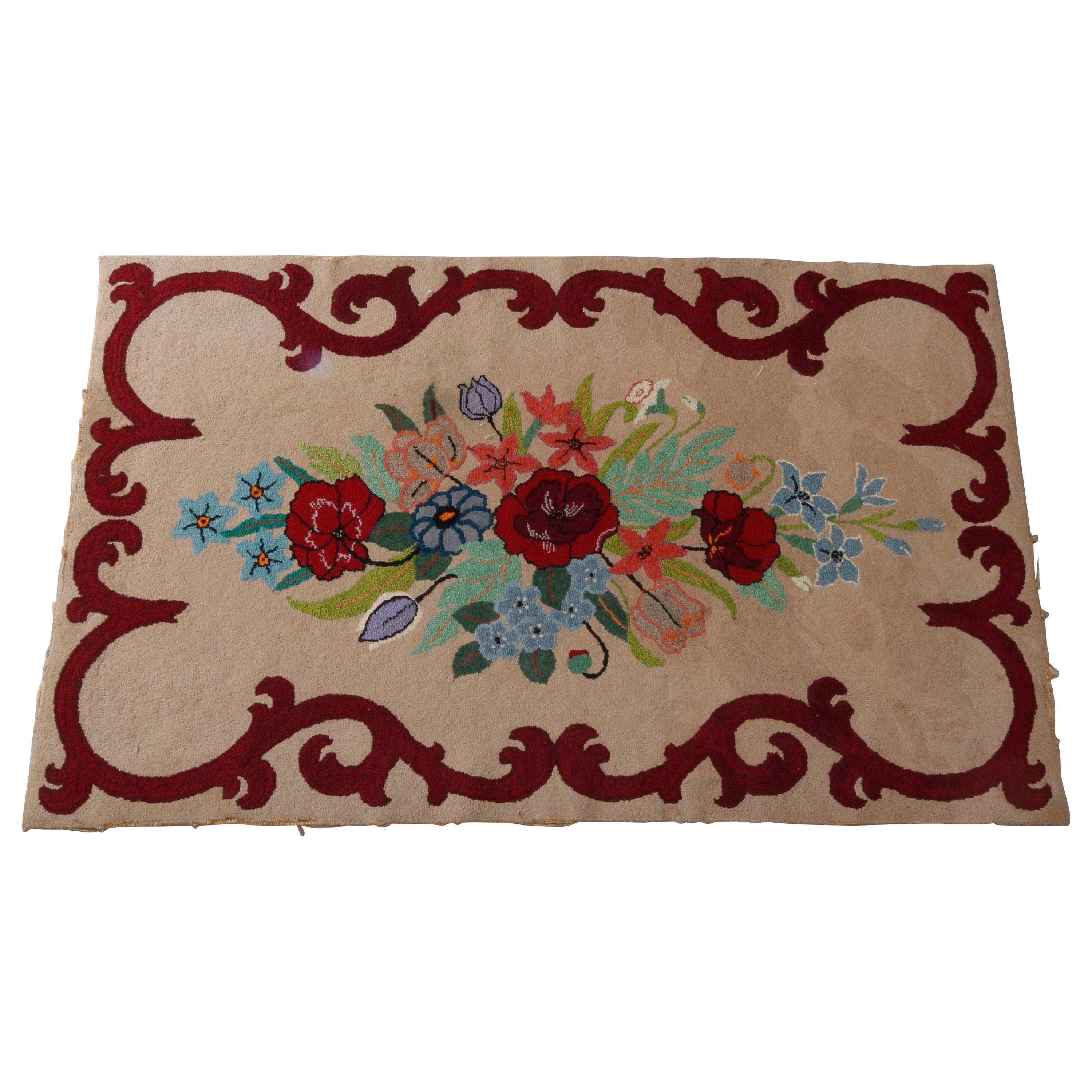 Antique French Floral and Scroll Hooked Rug, circa 1930 For Sale
