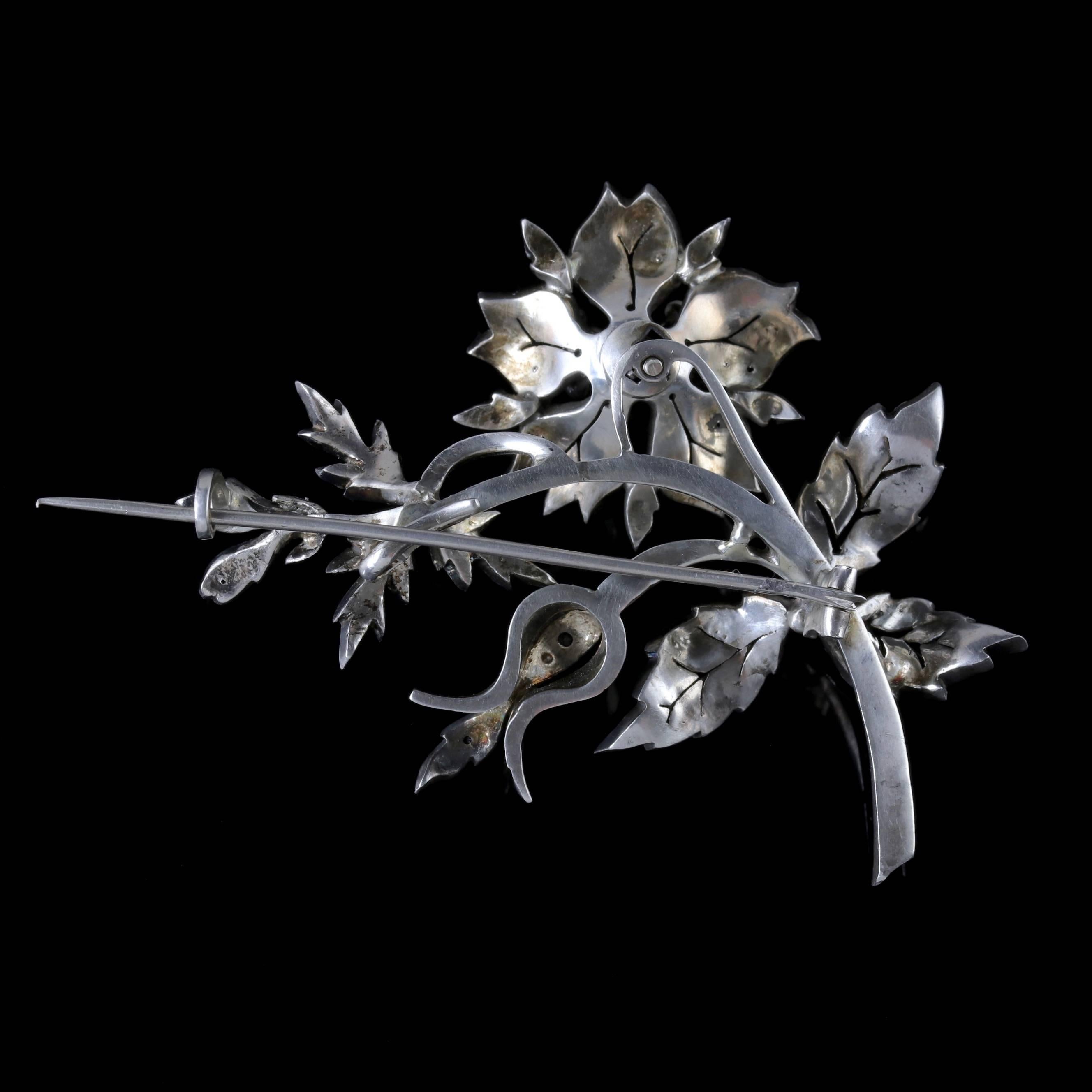 Antique French Flower Brooch Victorian Trembler Silver Paste, circa 1880 3
