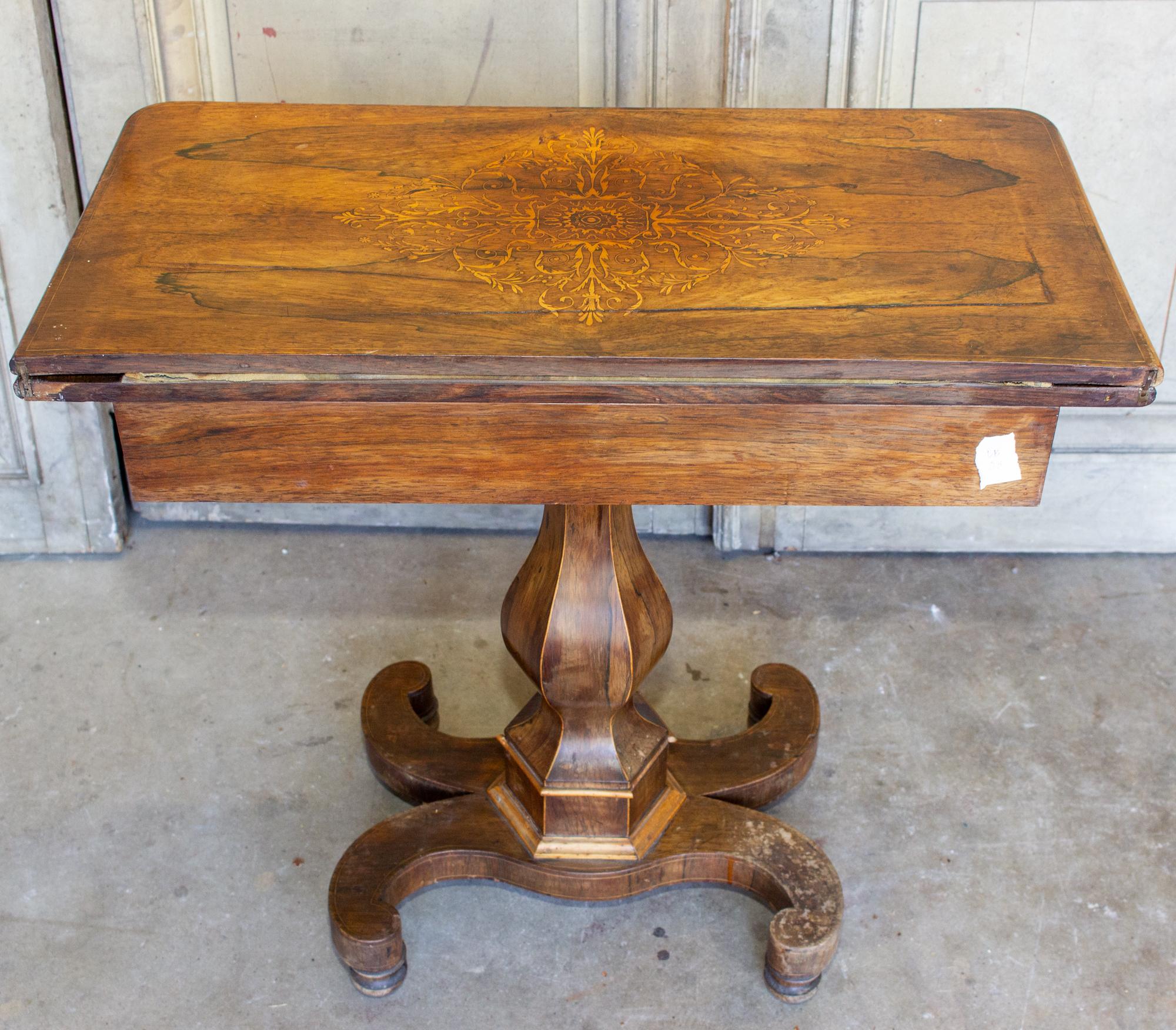 Antique French Folding Game Table Console with Inlaid Details and Velvet 5