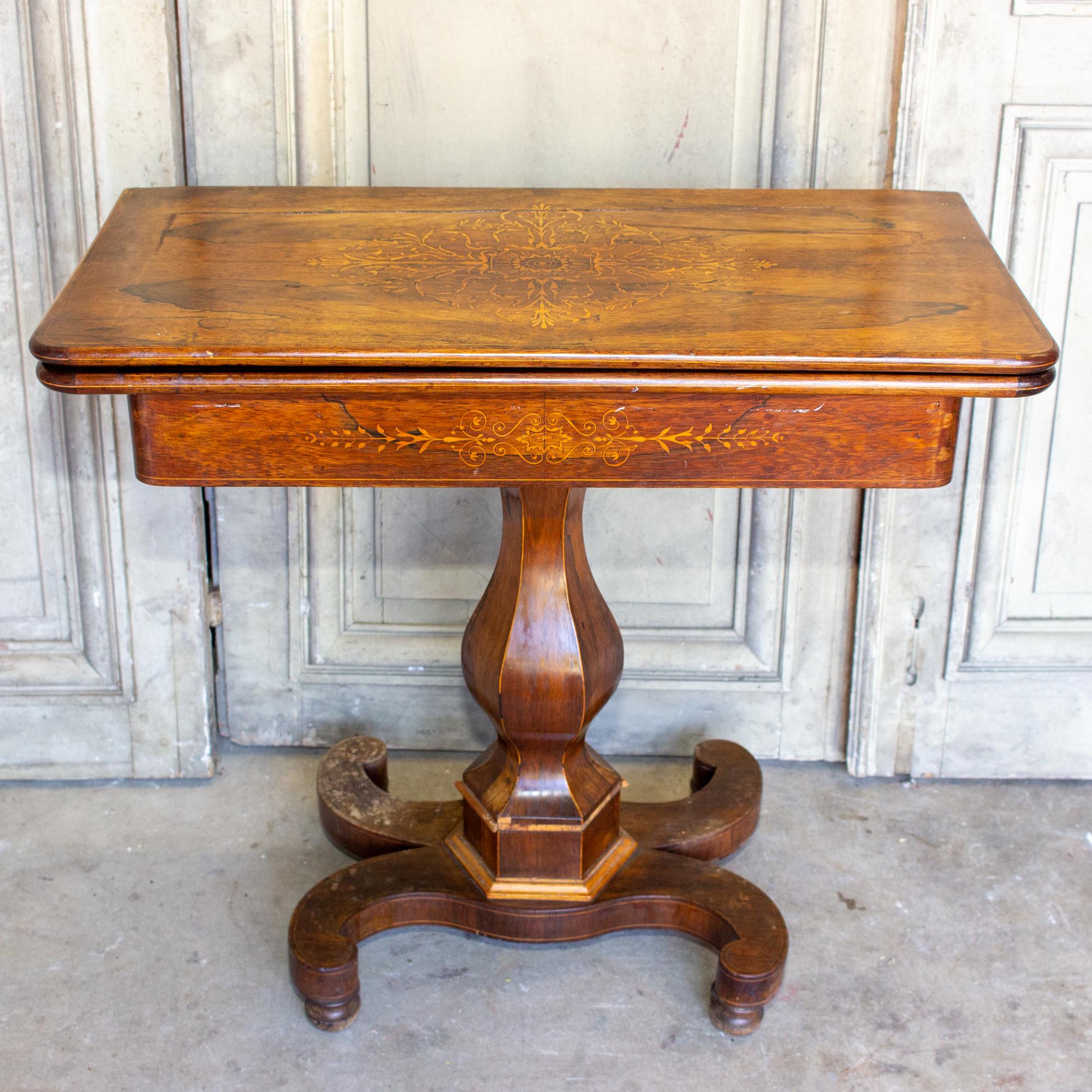 Antique French Folding Game Table Console with Inlaid Details and Velvet 6