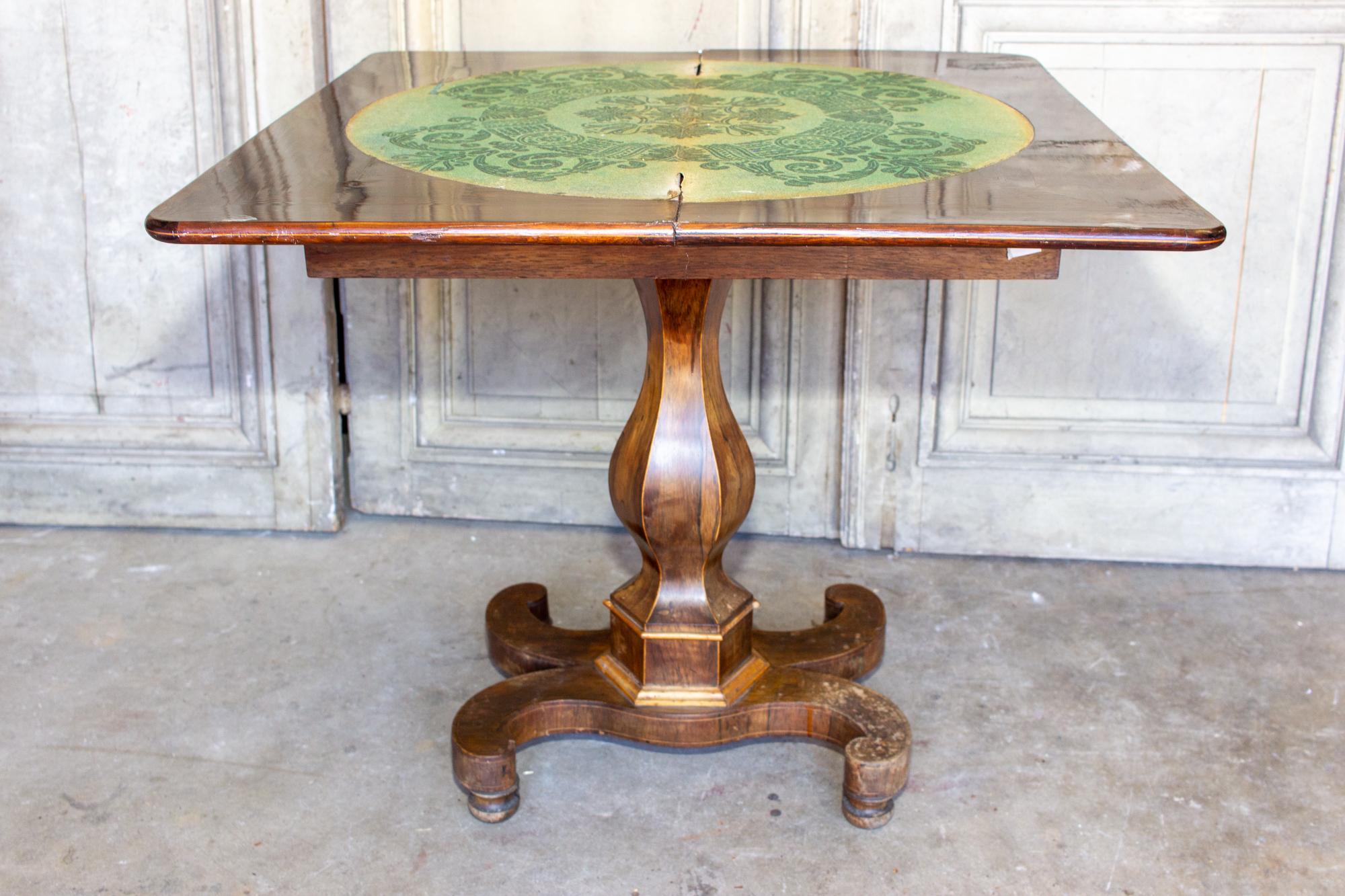Antique French Folding Game Table Console with Inlaid Details and Velvet 1