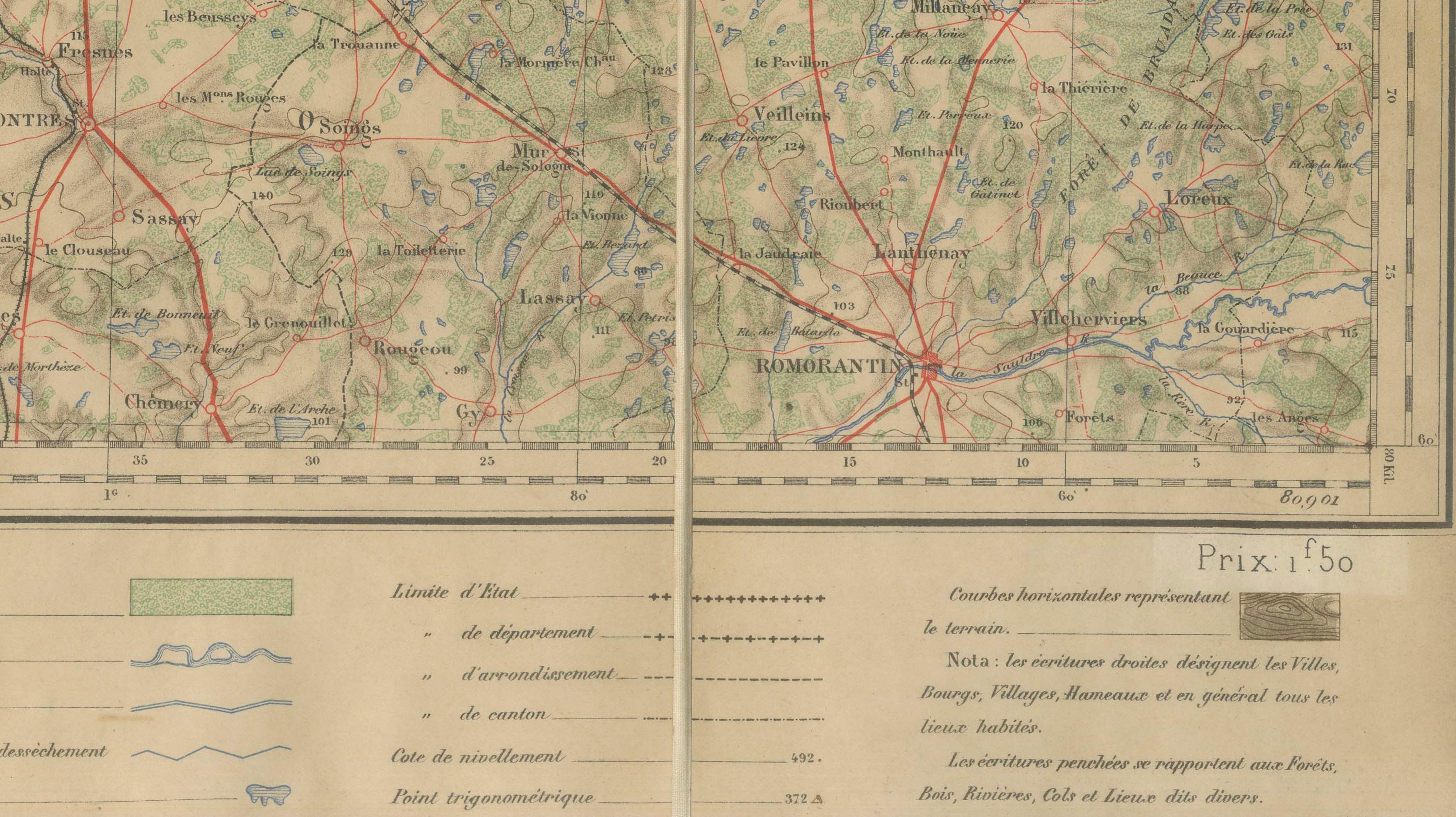 Antique French Folding Map of Tours, Le Mans & Chartres, c.1902 Etat-Major