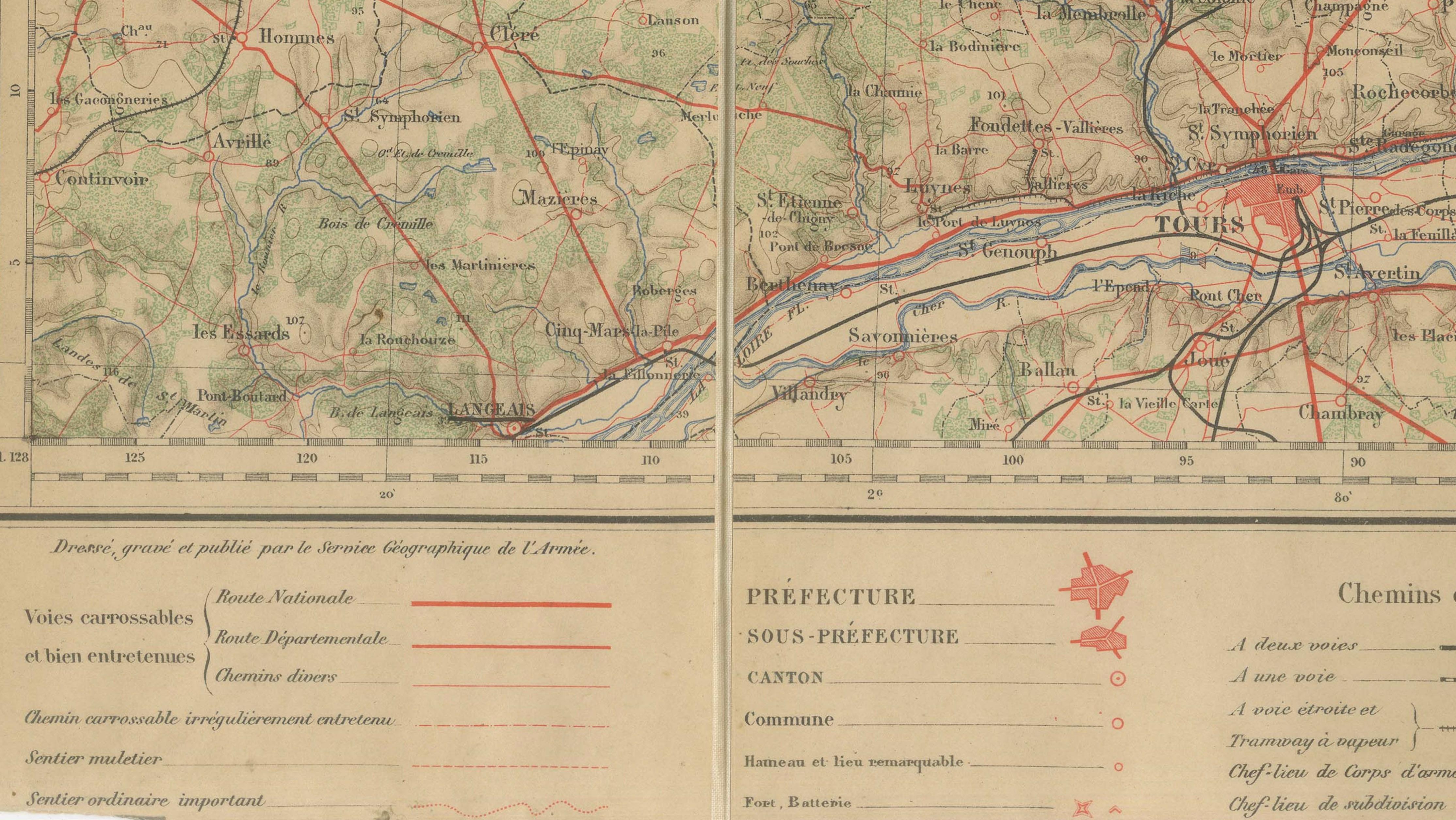 Antique French Folding Map of Tours, Le Mans & Chartres, c.1902 Etat-Major