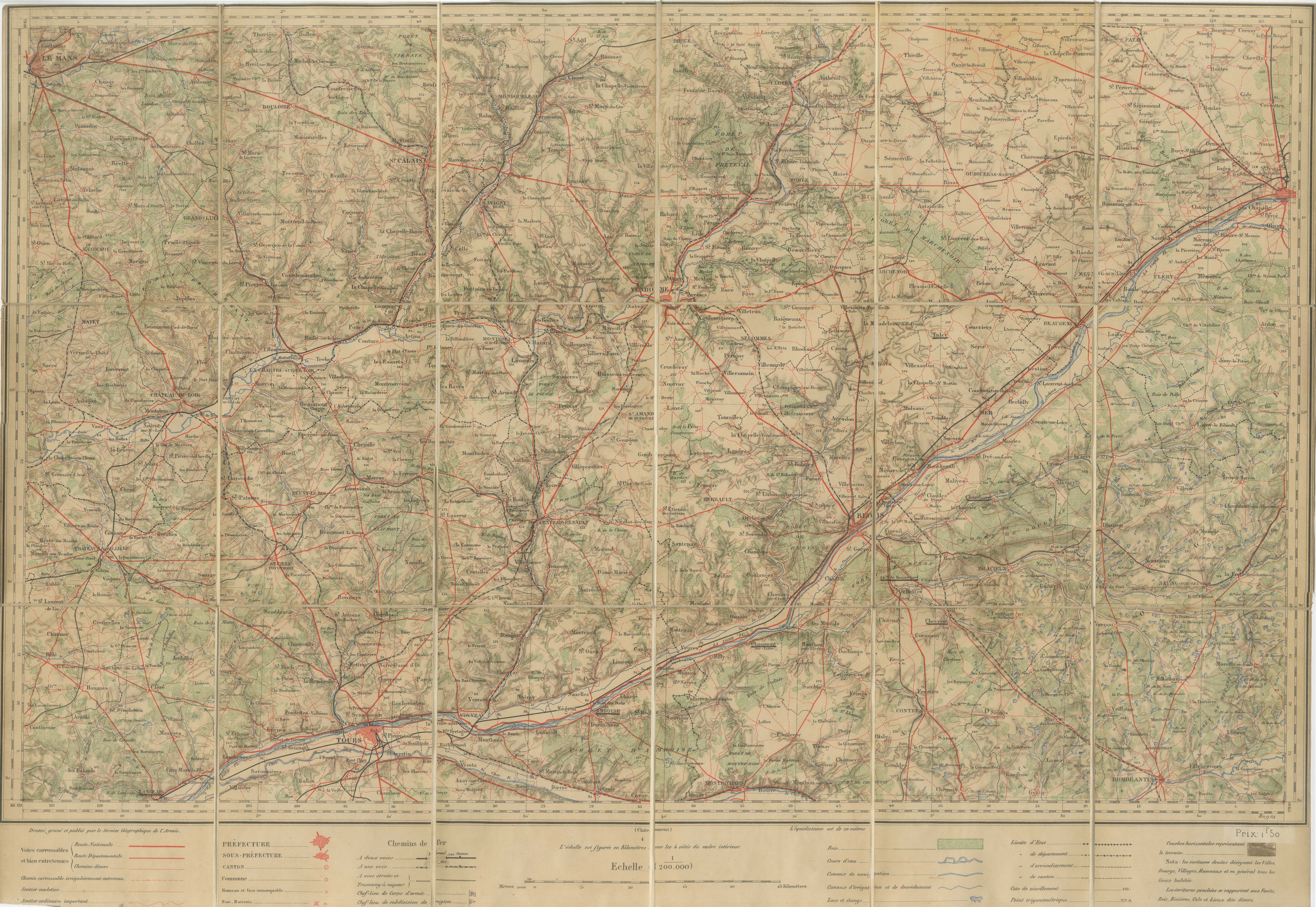 Antique French Folding Map of Tours, Le Mans & Chartres, c.1902 Etat-Major