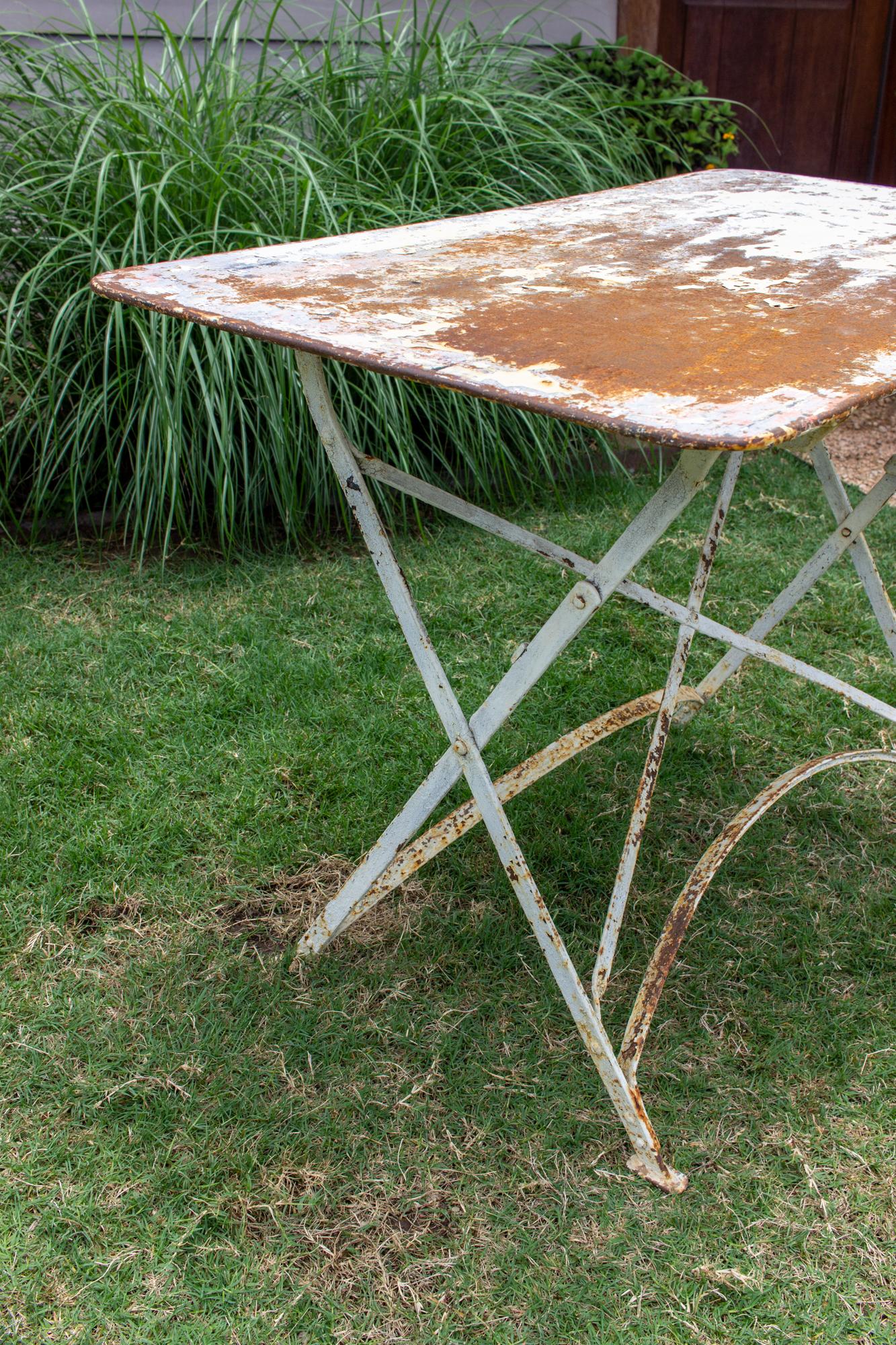Antique French Folding Metal Garden Table in Distressed White Finish 4