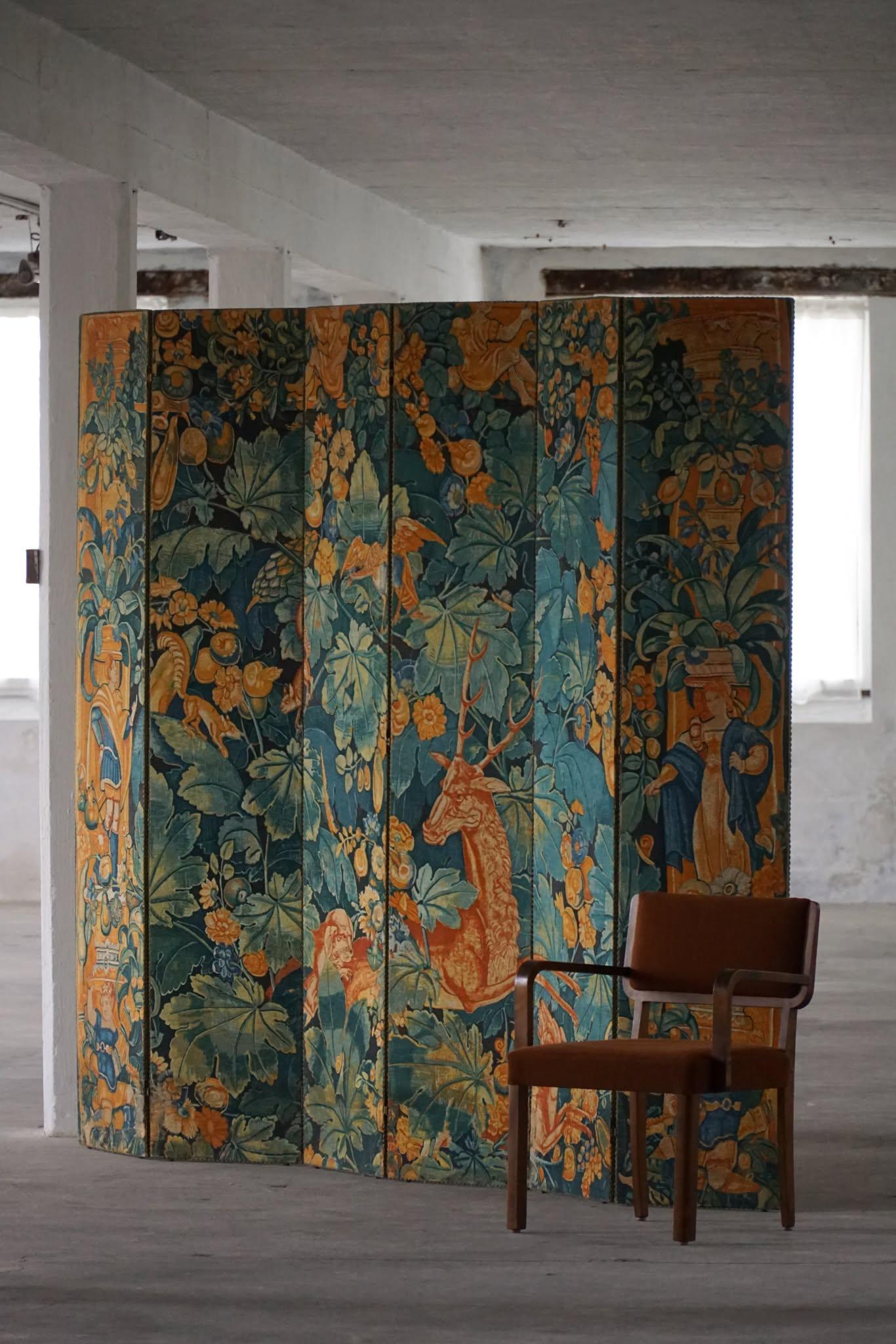 Antique French Folding Screen / Room Divider, Gobelin Tapestry Fabric, 1850s en venta 10