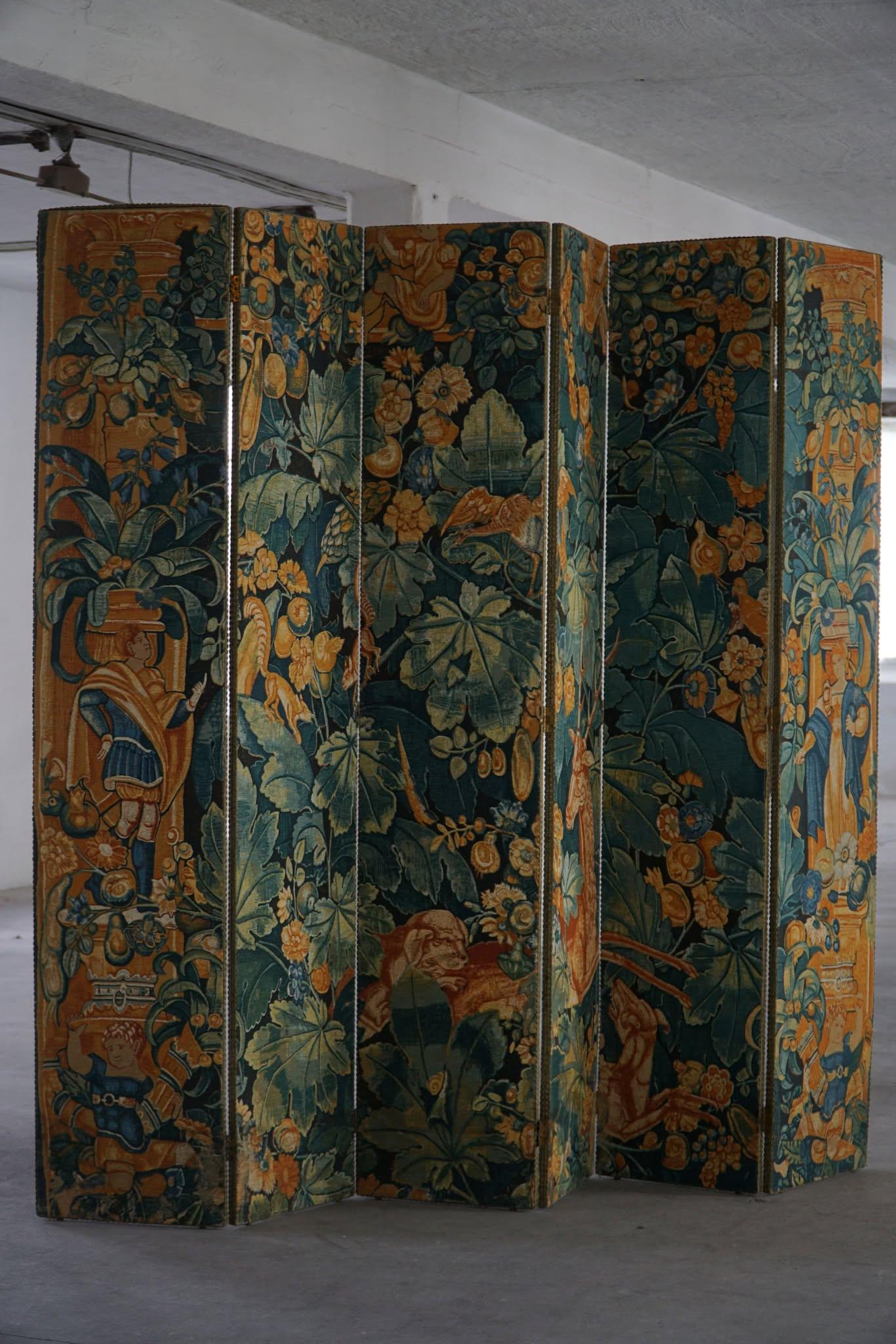 Antique French Folding Screen / Room Divider, Gobelin Tapestry Fabric, 1850s en venta 11