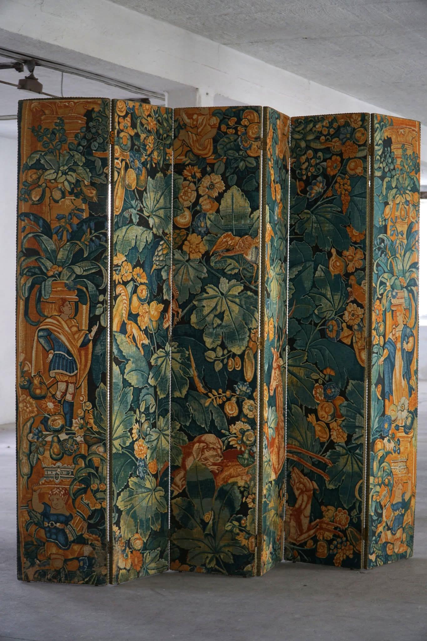 Antique French Folding Screen / Room Divider, Gobelin Tapestry Fabric, 1850s en venta 1