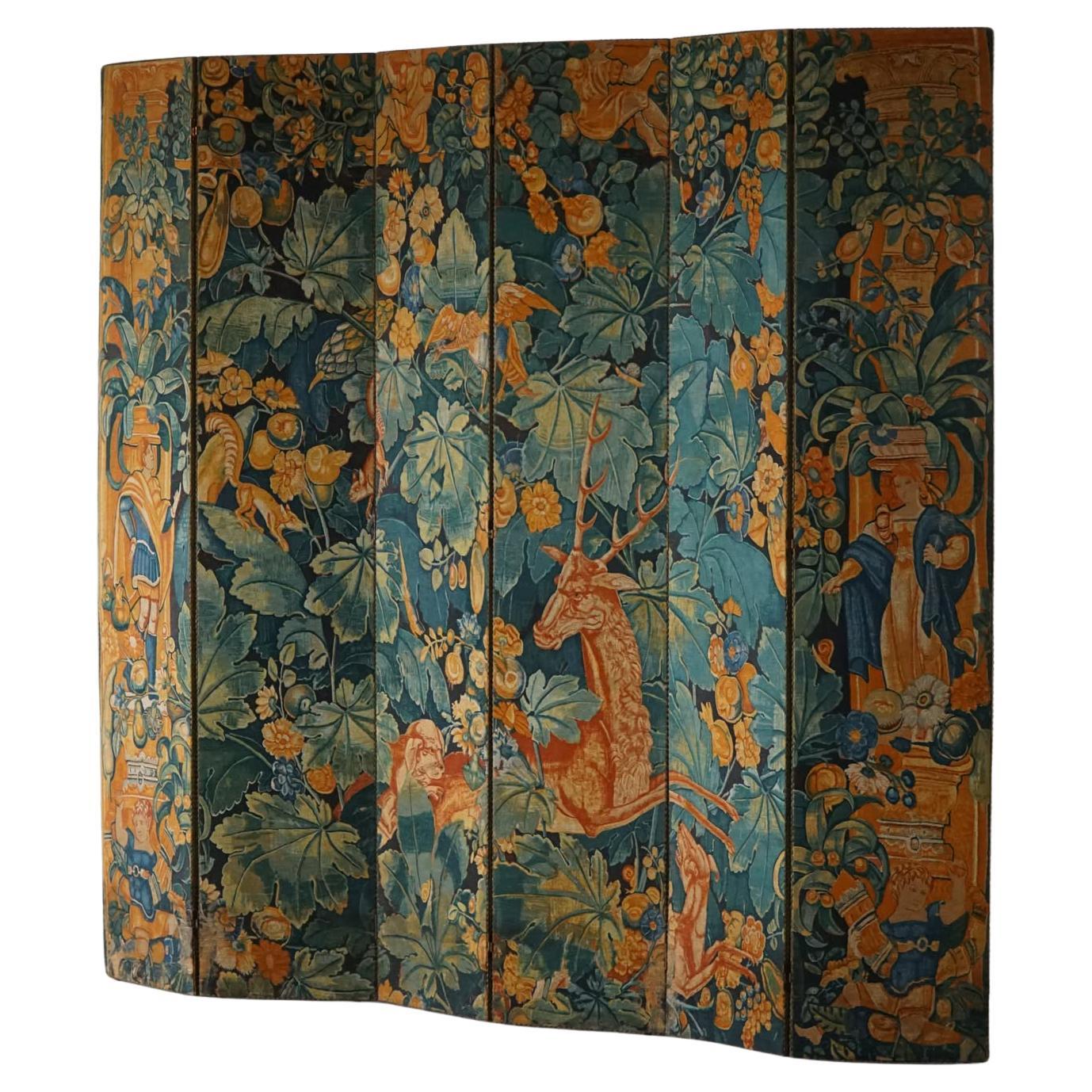 Antique French Folding Screen / Room Divider, Gobelin Tapestry Fabric, 1850s