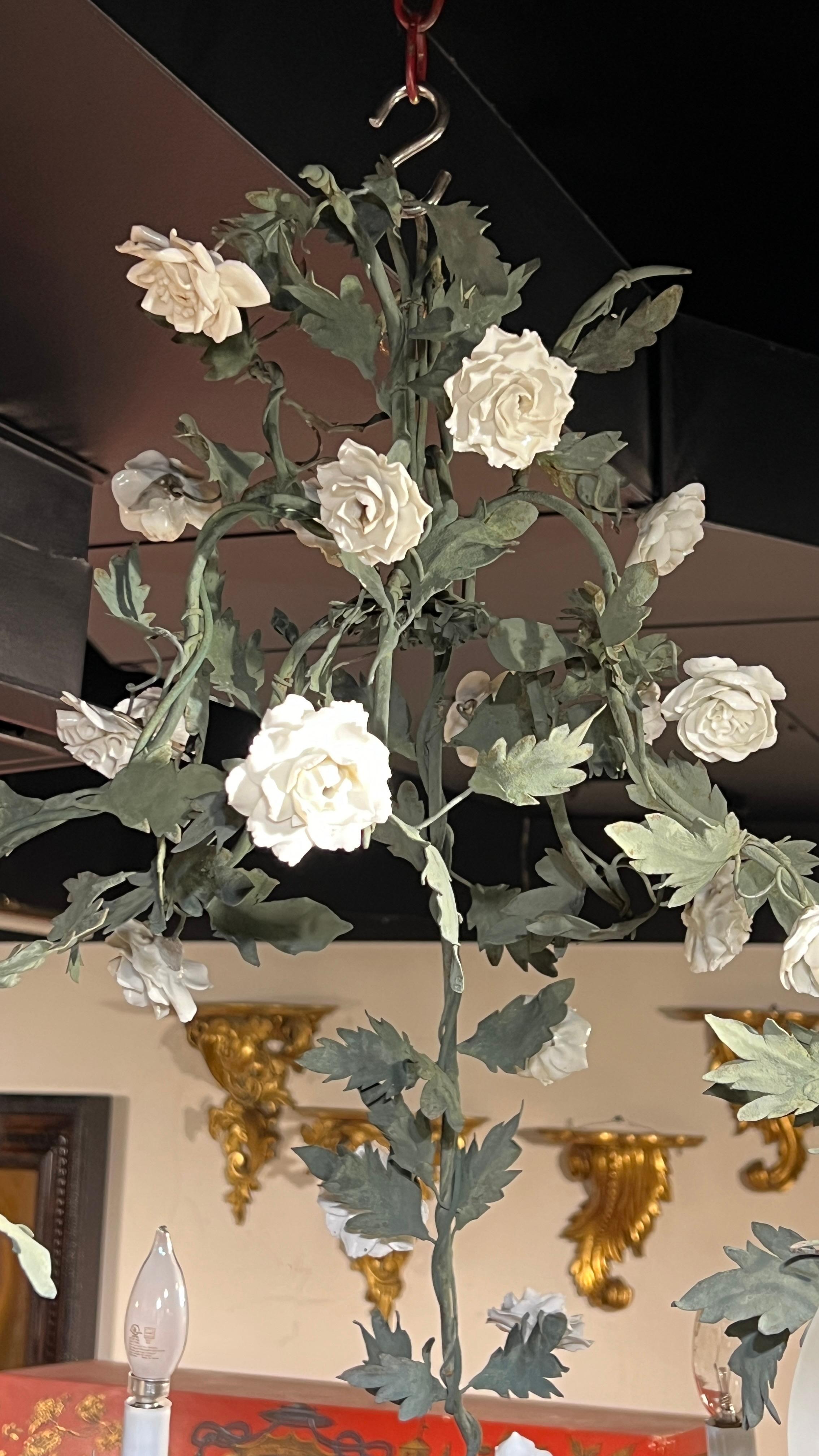 Antique French Foliate Green Tole Metal and White Porcelain Chandelier In Good Condition In New York, NY