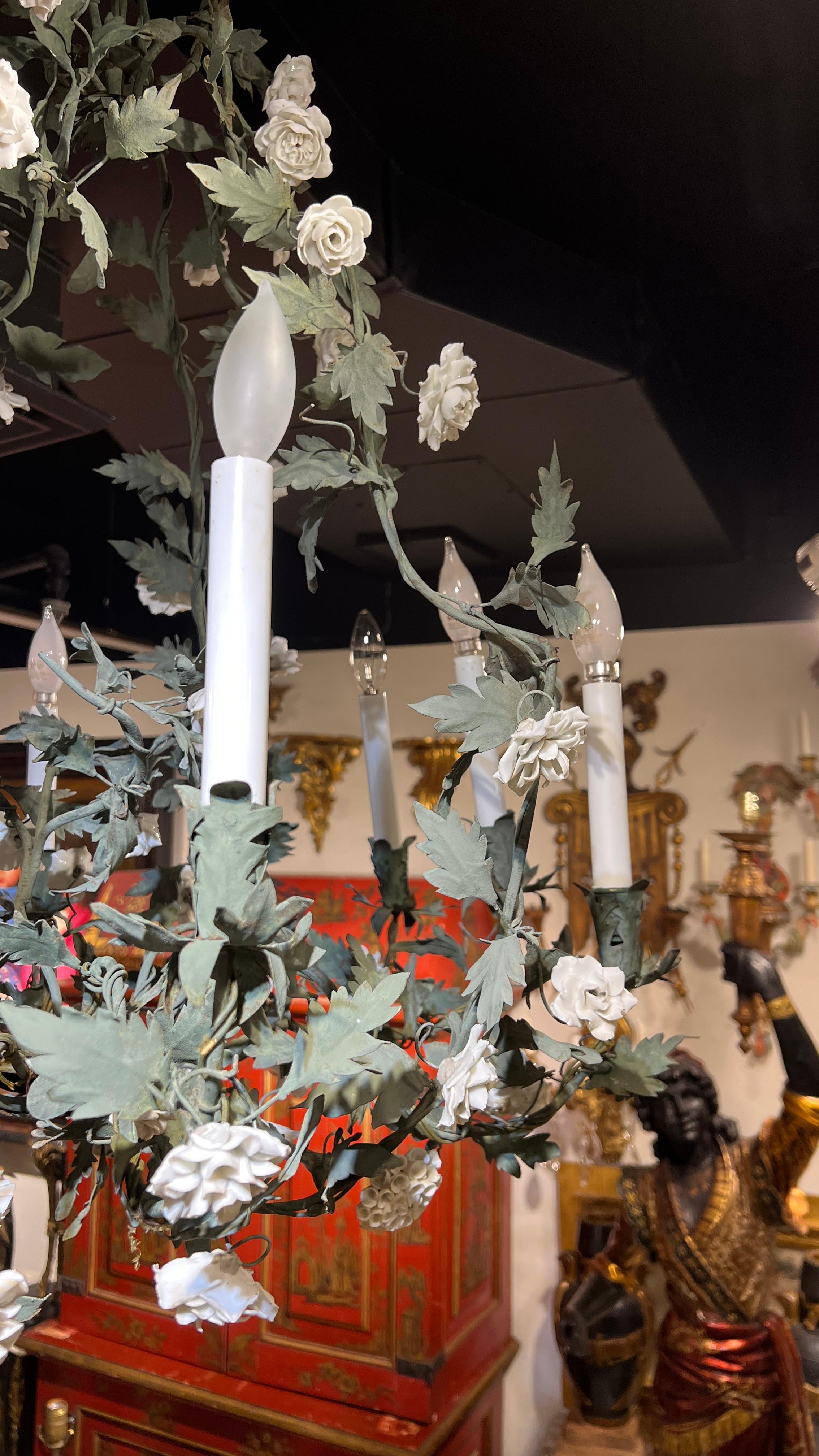 Antique French Foliate Green Tole Metal and White Porcelain Chandelier 2