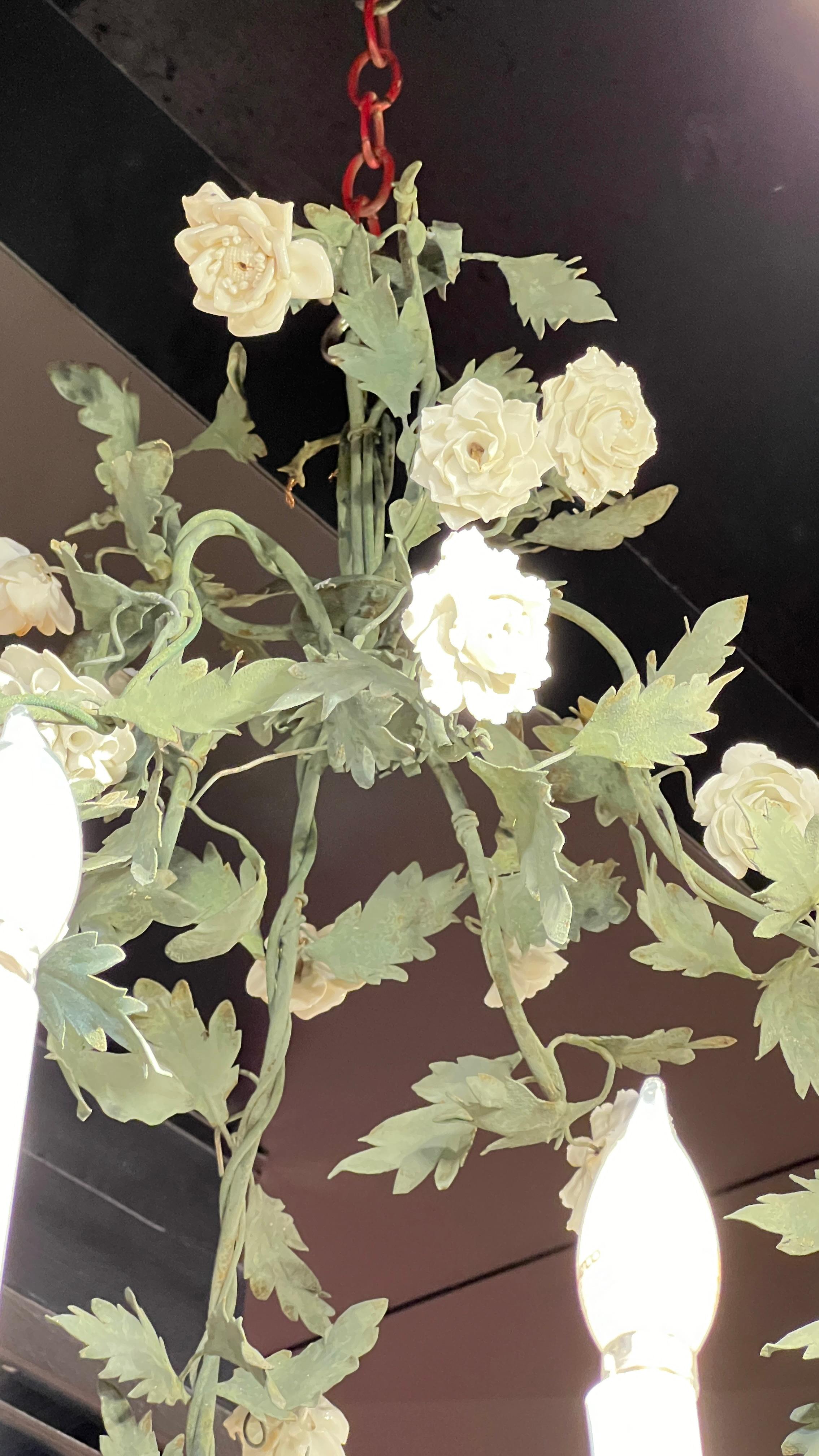 Antique French Foliate Green Tole Metal and White Porcelain Chandelier 1