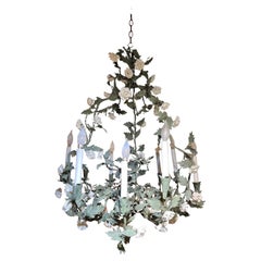Antique French Foliate Green Tole Metal and White Porcelain Chandelier
