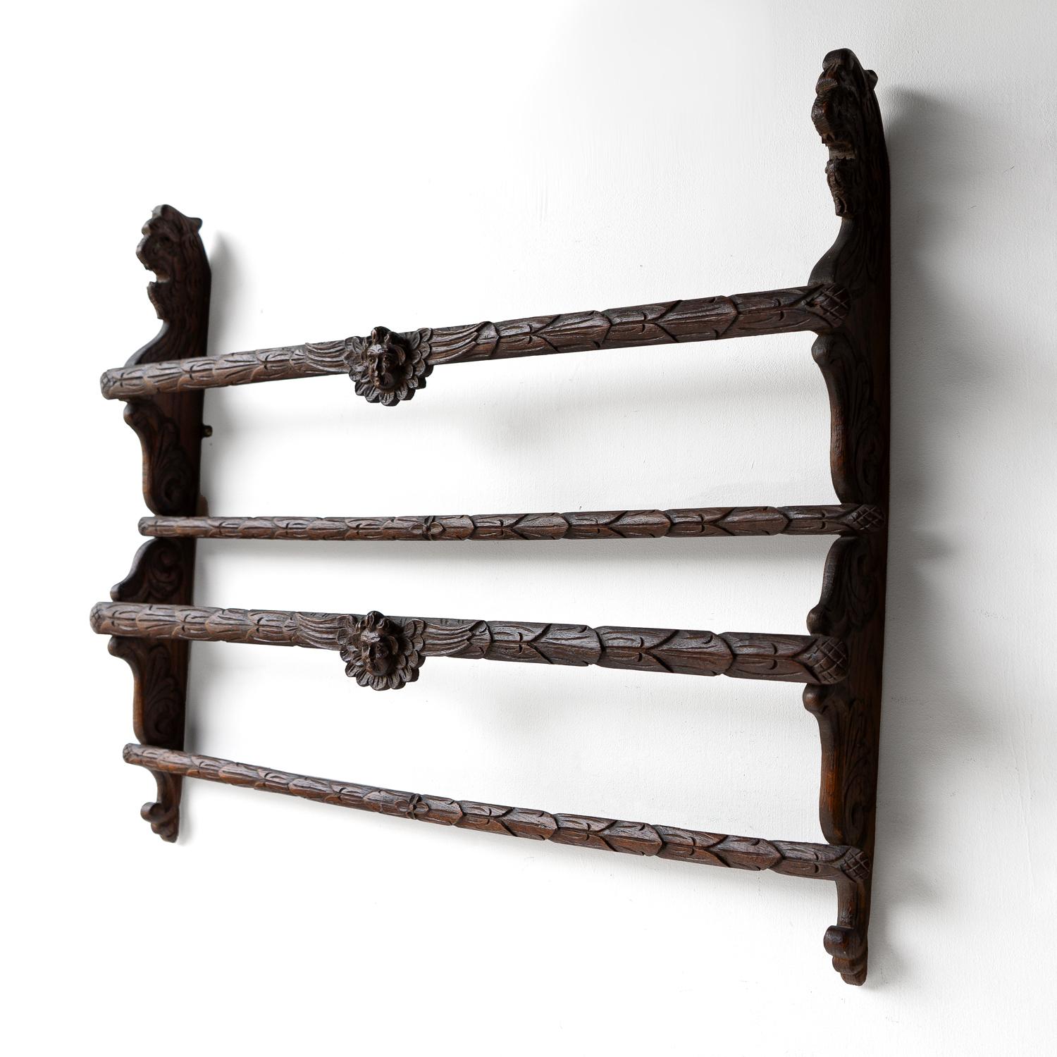 Antique French Folk Art Carved Elm Plate Rack With Cherubs And Griffins 1