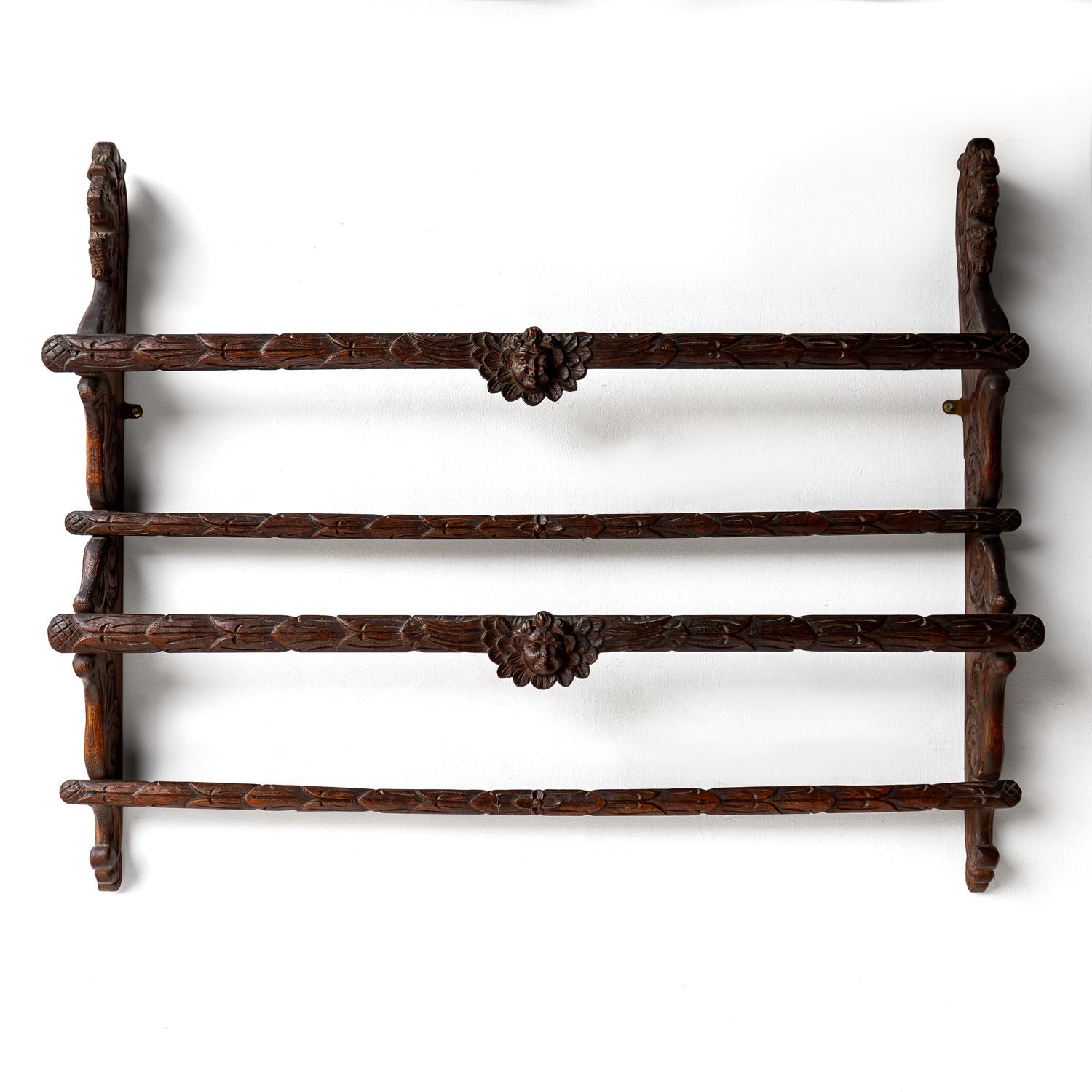 Hand-Carved Antique French Folk Art Carved Elm Plate Rack With Cherubs And Griffins