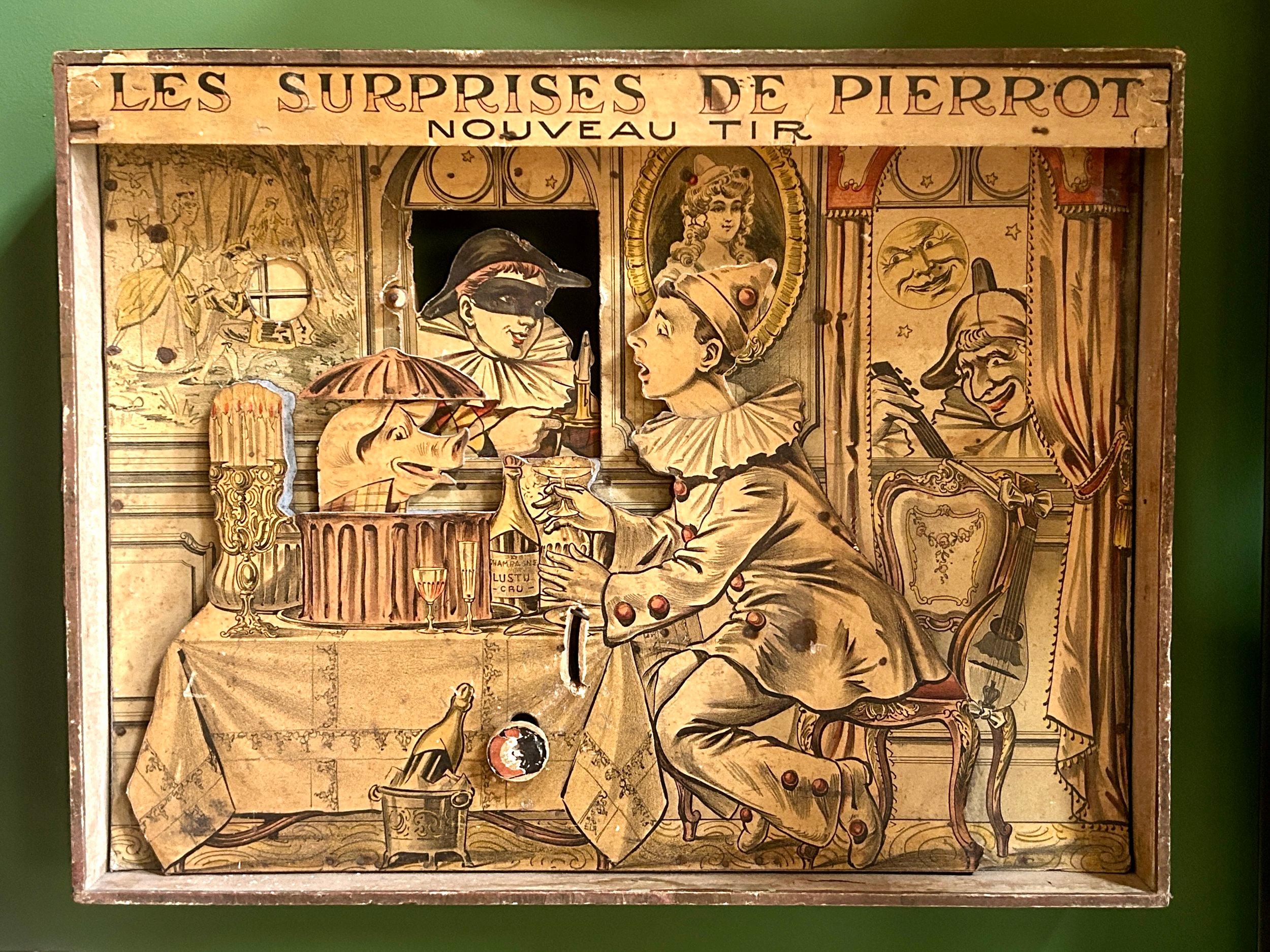 Antique French Folk Art Fairground Pierrot Shooting Target Game by Saussine (Metall) im Angebot