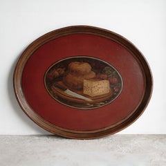 Antique French Folk Art Painted Toleware Tray With Bread And Cheese, Late 19Th C