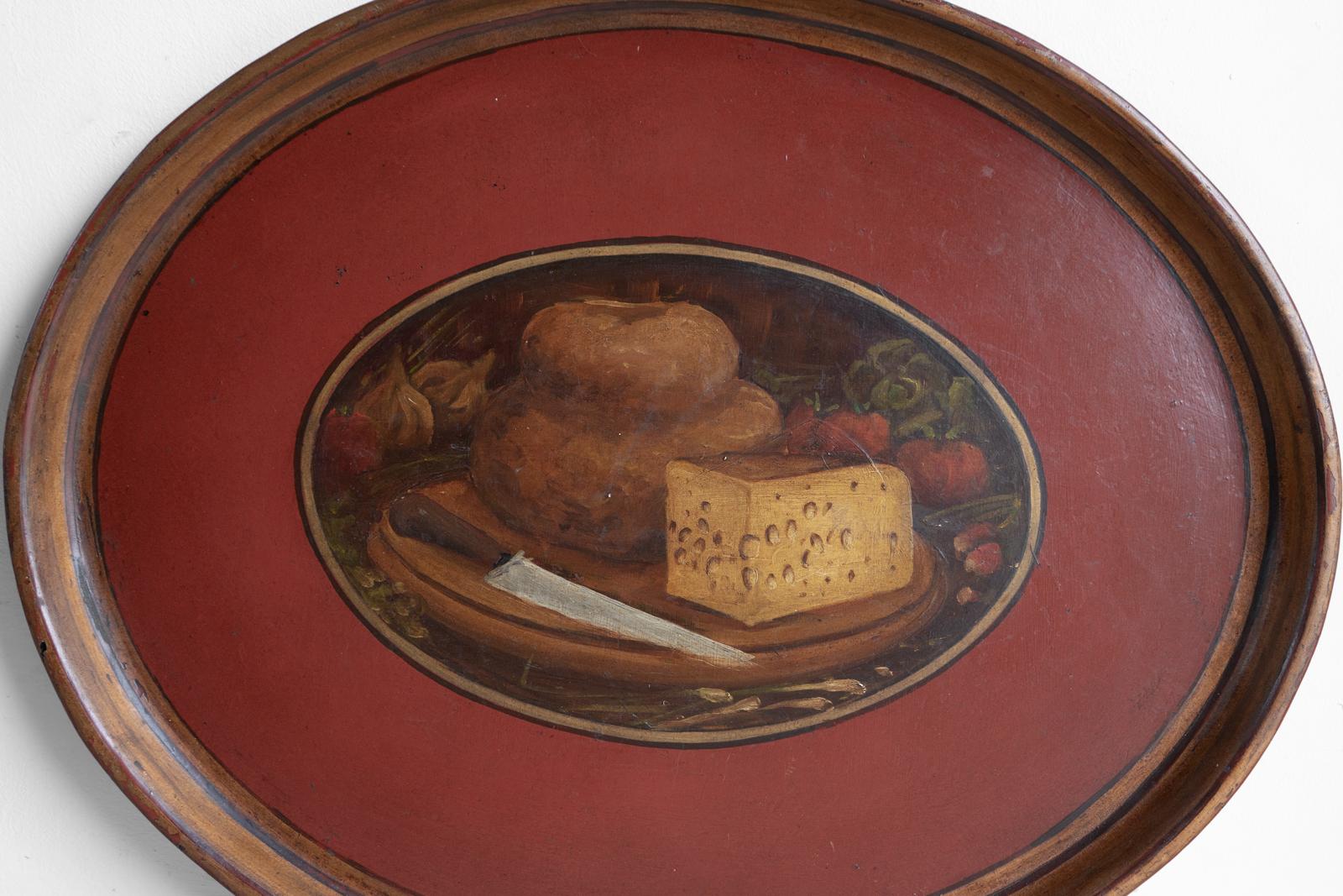 Hand-Crafted Antique French Folk Art Painted Toleware Tray With Bread And Cheese, Late 19Th C For Sale