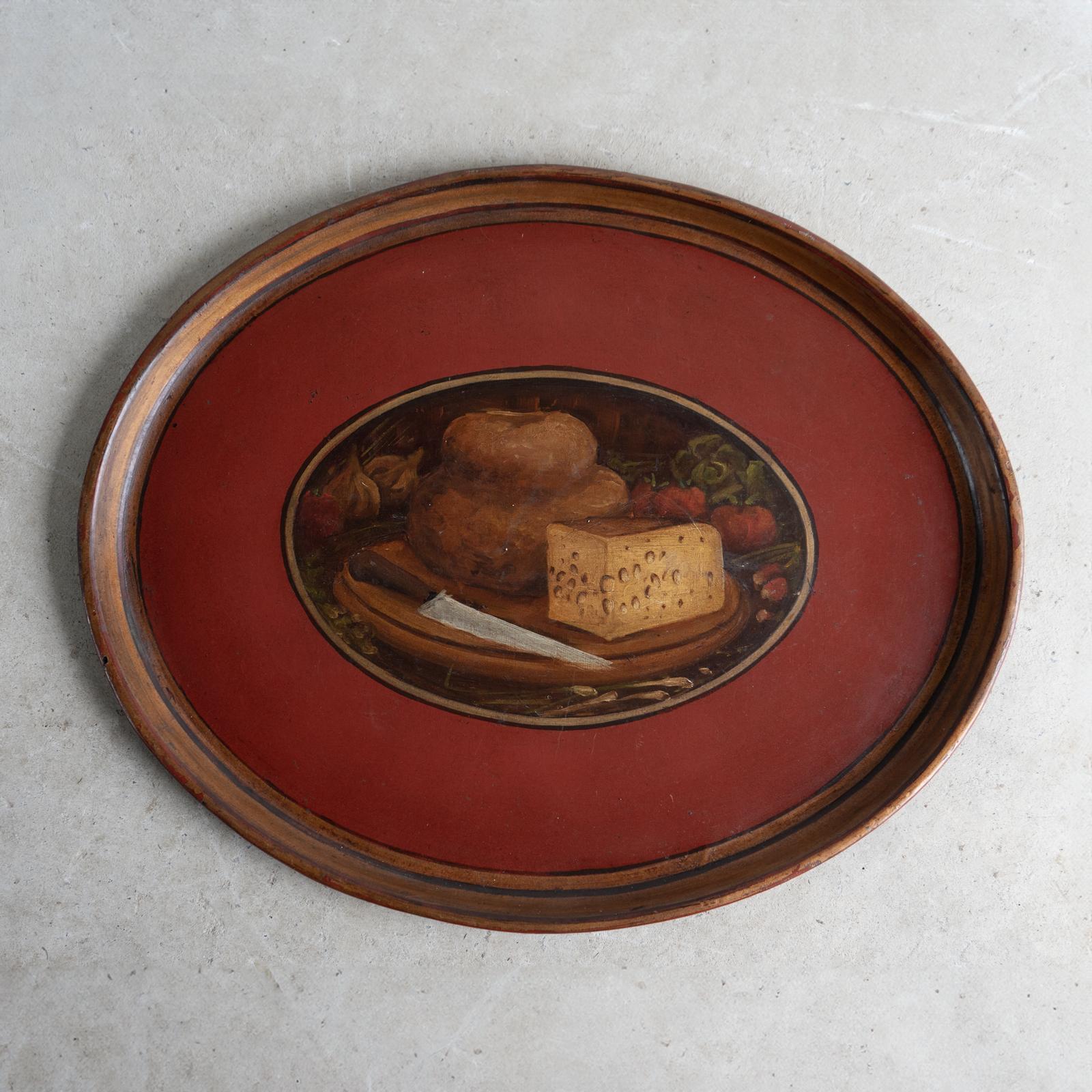 Antique French Folk Art Painted Toleware Tray With Bread And Cheese, Late 19Th C In Good Condition For Sale In Bristol, GB