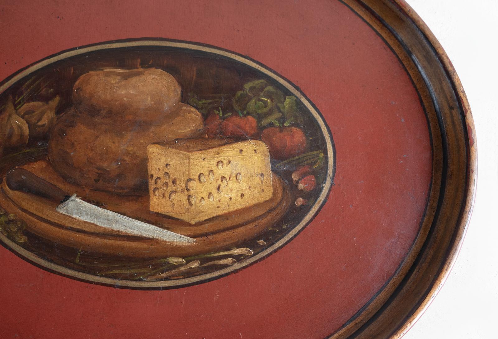 19th Century Antique French Folk Art Painted Toleware Tray With Bread And Cheese, Late 19Th C For Sale