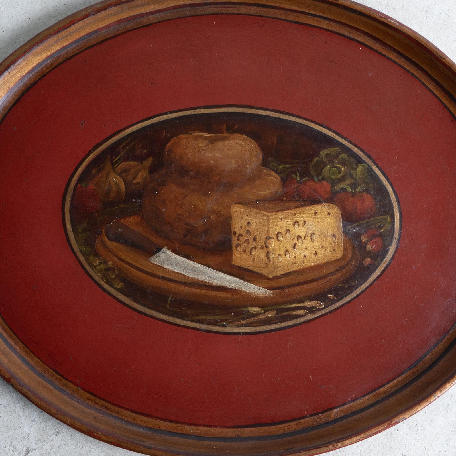 Metal Antique French Folk Art Painted Toleware Tray With Bread And Cheese, Late 19Th C For Sale