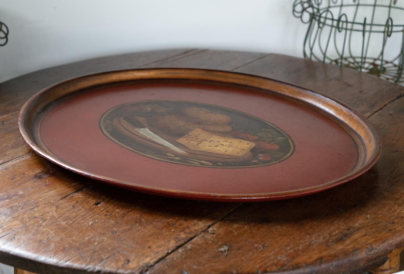Antique French Folk Art Painted Toleware Tray With Bread And Cheese, Late 19Th C For Sale 1