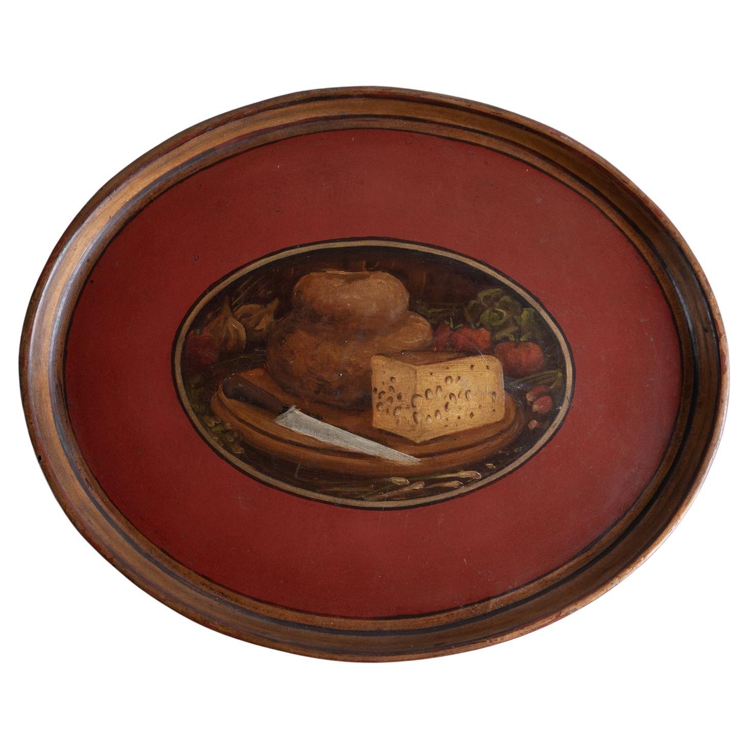 Antique French Folk Art Painted Toleware Tray With Bread And Cheese, Late 19Th C For Sale