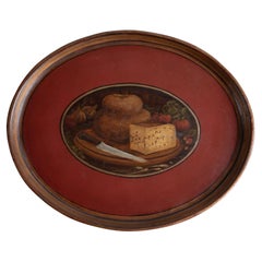 Antique French Folk Art Painted Toleware Tray With Bread And Cheese, Late 19Th C Antique French Folk Art Painted Toleware Tray With Bread And Cheese, Late 19Th C