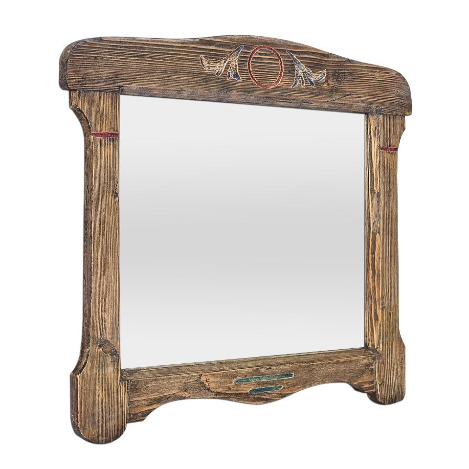 Antique French folk art wooden mirror, circa 1950. Antique frame in carved and stained fir wood with engraved decorations and colored. Antique Frame width: 7 - 4 cm /  2.75 - 1.57 in. Modern glass mirror. Wood back.