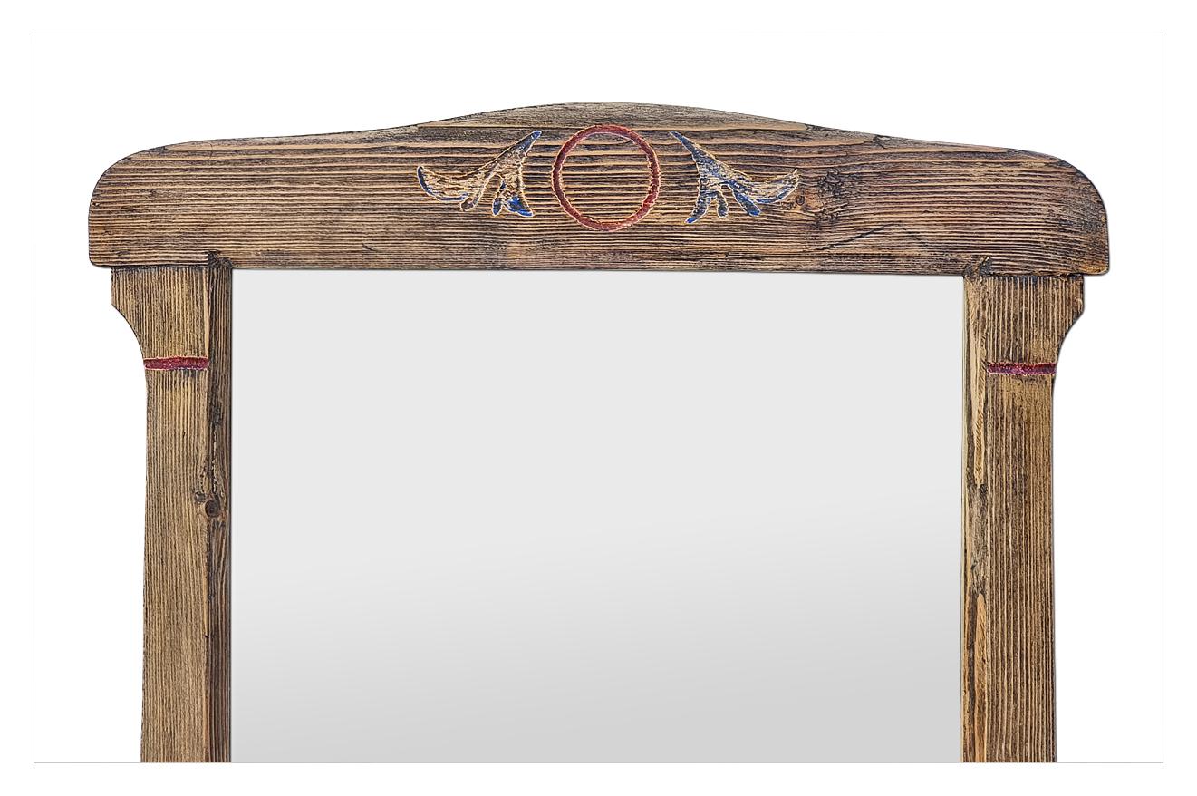 Antique French Folk Art Style Mirror, Carved Wood With Painted Decor, circa 1950 In Good Condition For Sale In Paris, FR