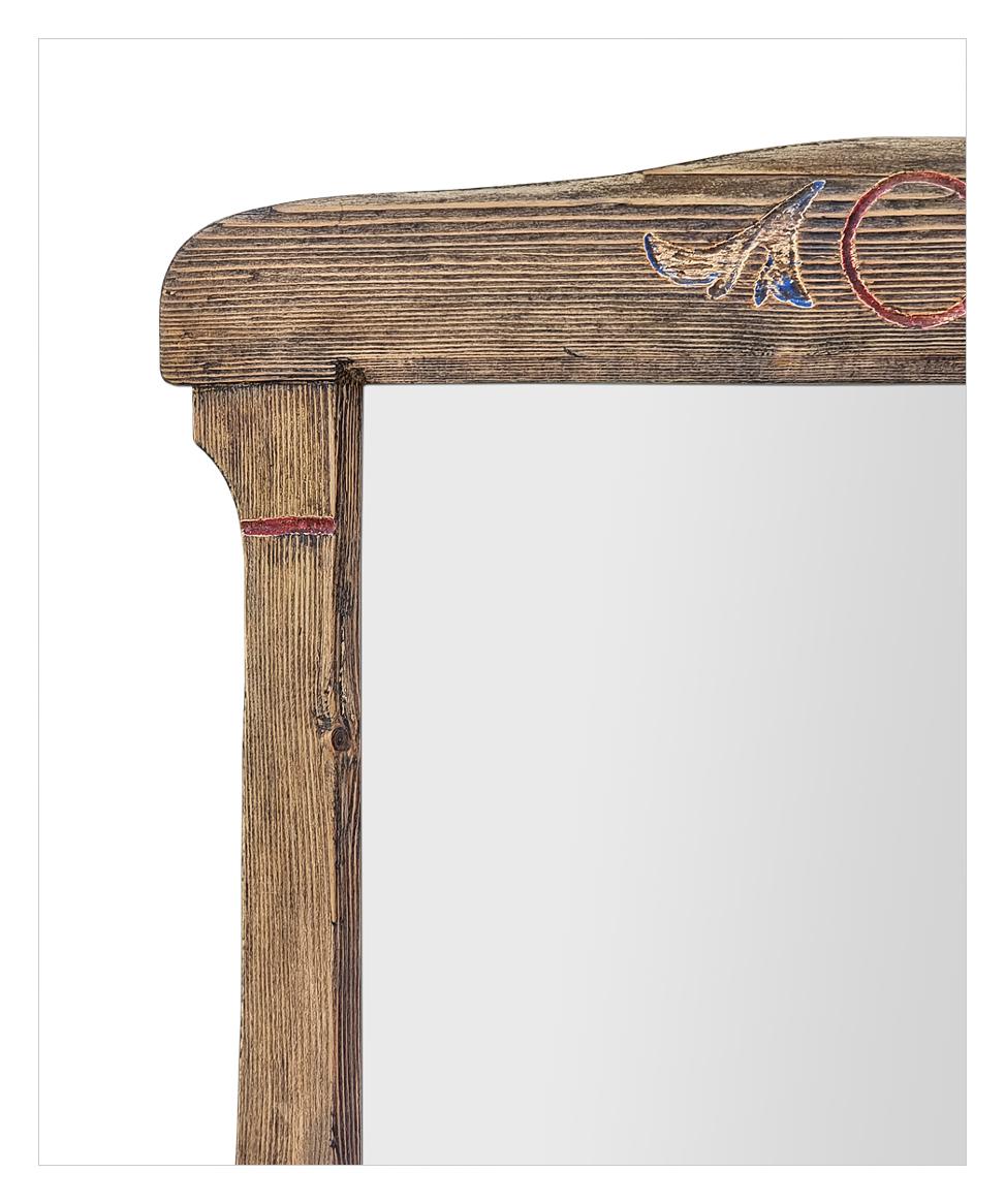 20th Century Antique French Folk Art Style Mirror, Carved Wood With Painted Decor, circa 1950 For Sale