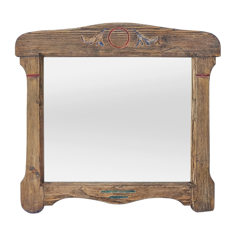Antique French Folk Art Style Mirror, Carved Wood With Painted Decor, circa 1950 For Sale