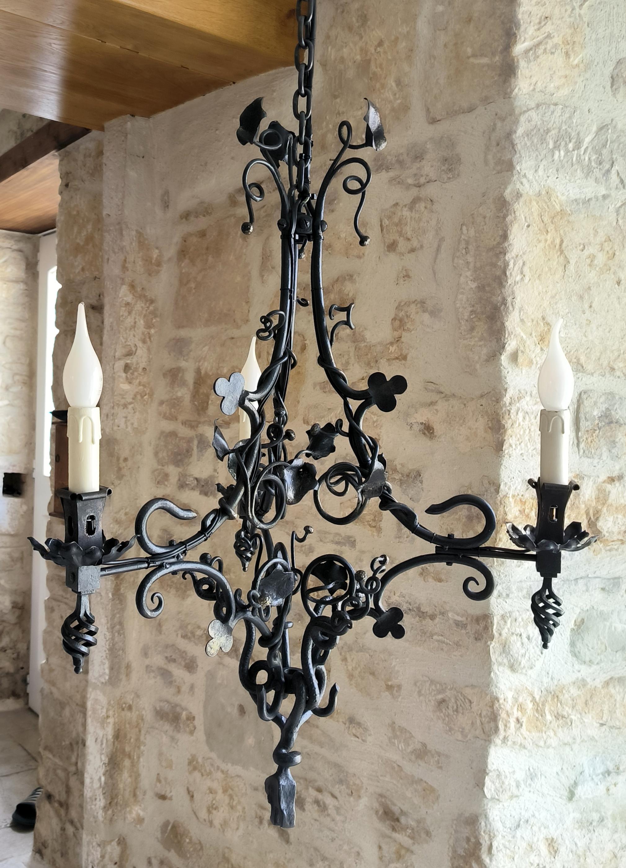 Provenant du département de la Mayenne en France, ce magnifique lustre en fer forgé d'art populaire capture l'essence du style gothique avec son dragon et son serpent torsadés et sculptés. La qualité de l'exécution et des détails, notamment les