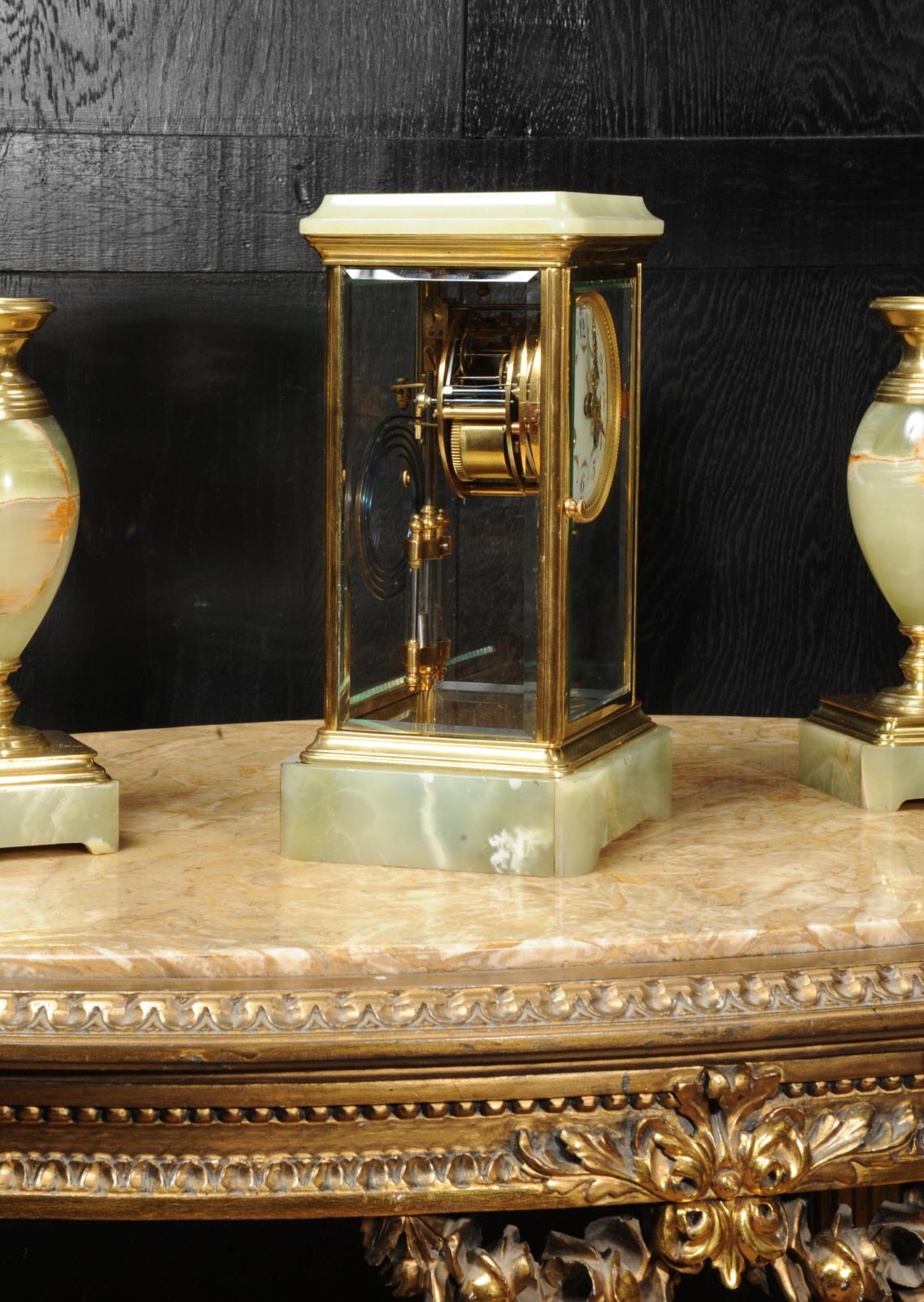 Antique French Four Glass Crystal Regulator Clock Set in Onyx and Ormolu 3