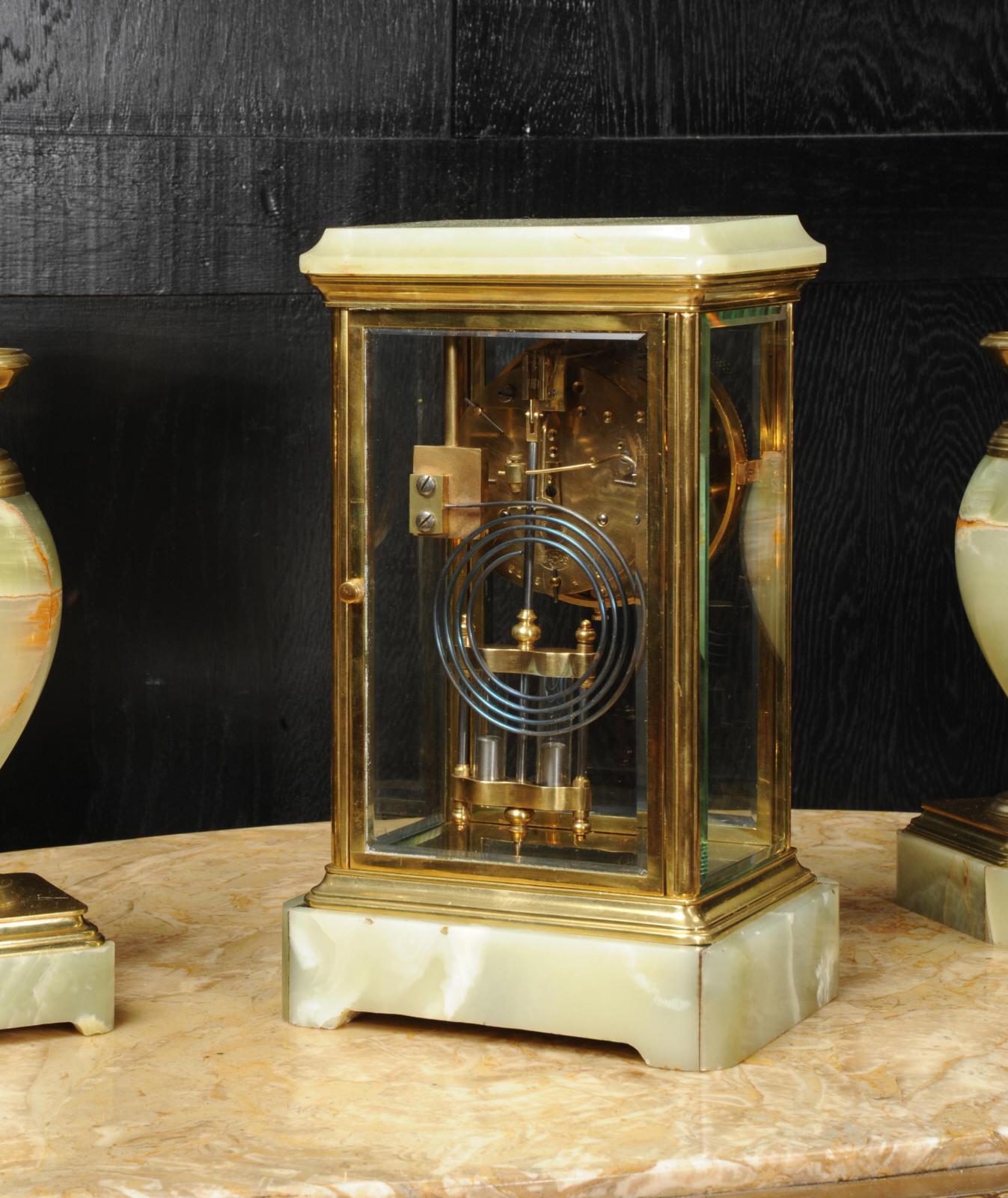 Antique French Four Glass Crystal Regulator Clock Set in Onyx and Ormolu 4