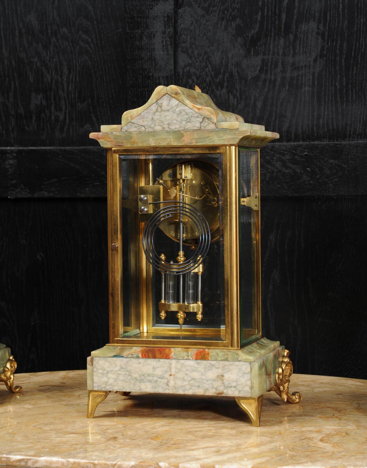 Antique French Four Glass Crystal Regulator Clock Set in Onyx and Ormolu 8